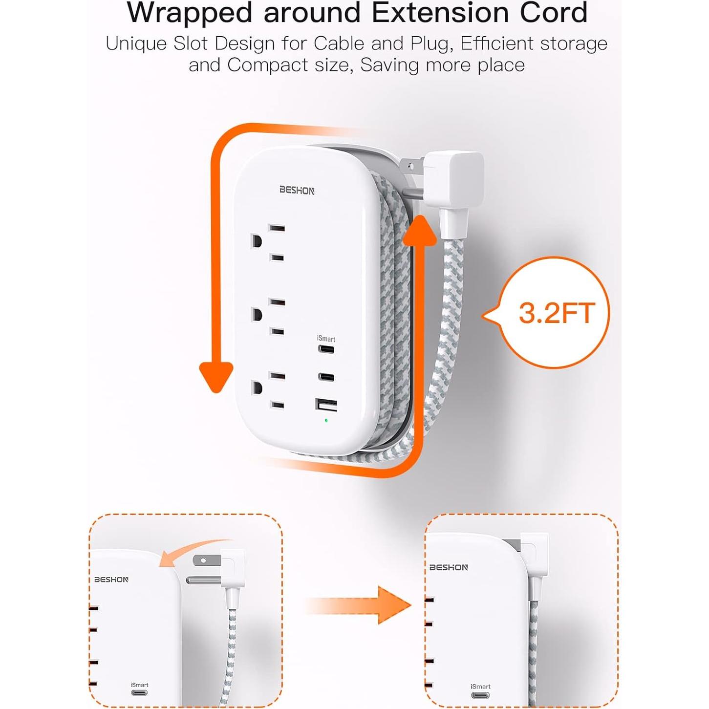 Regleta BESHON 3 Salidas y 3 USB-C, Cable 0.97m
