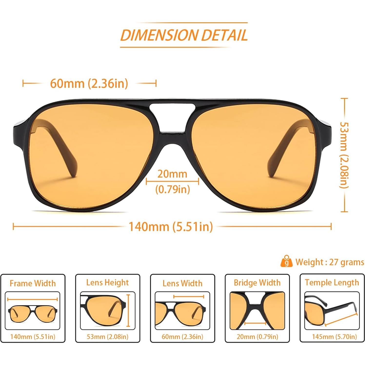 Gafas de sol aviador retro UV400 Amarillo Tintado
