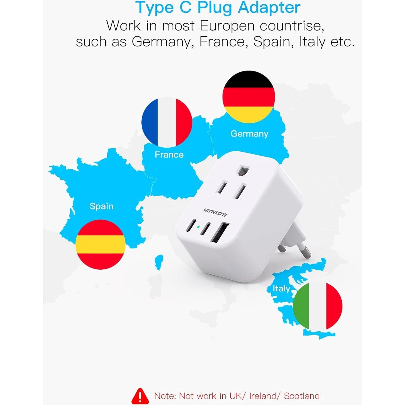 Adaptador de Enchufe de Viaje HANYCONY Tipo C 5 en 1 USB