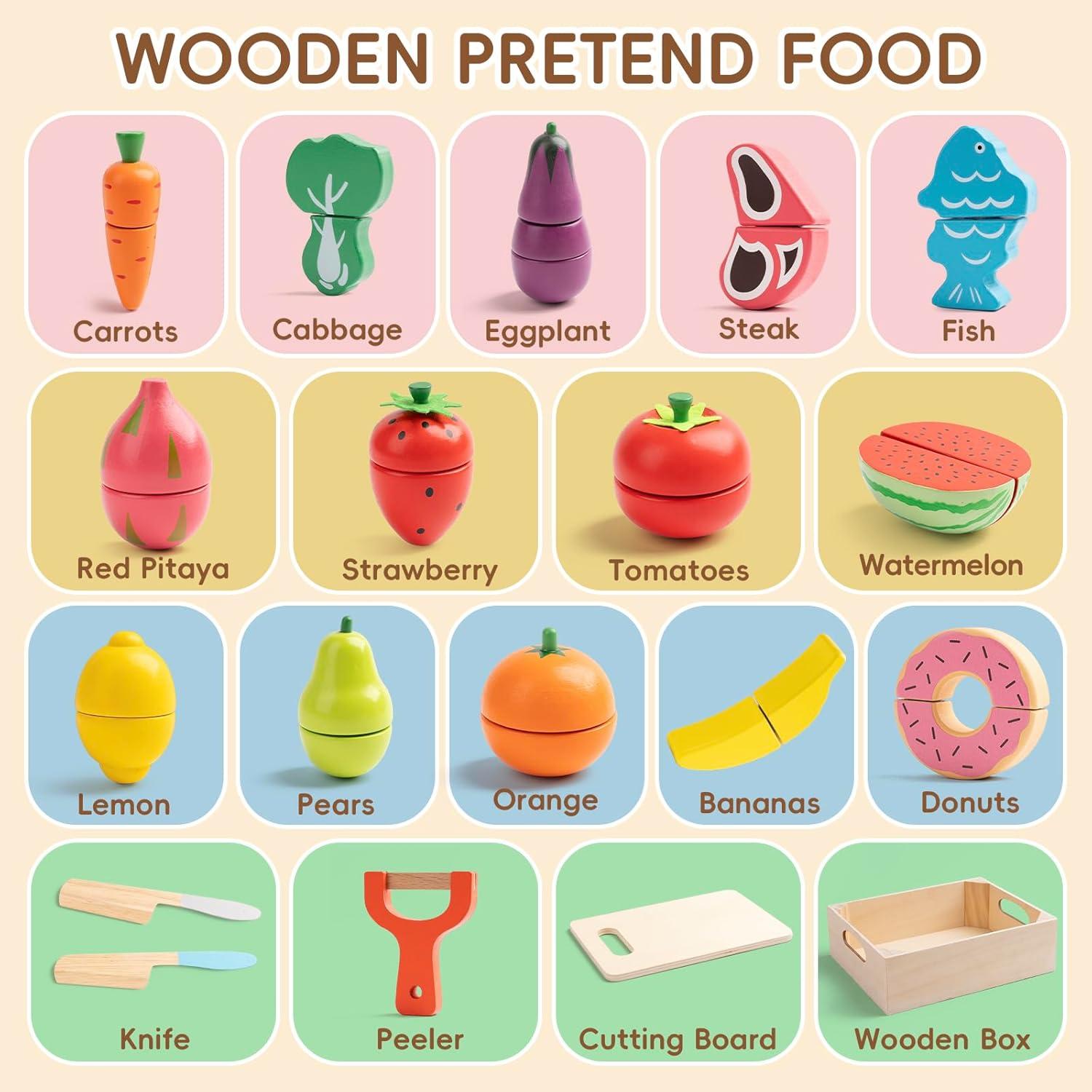 Comida de Juguete de Madera KDSFT - 34 Piezas para Niños 3+