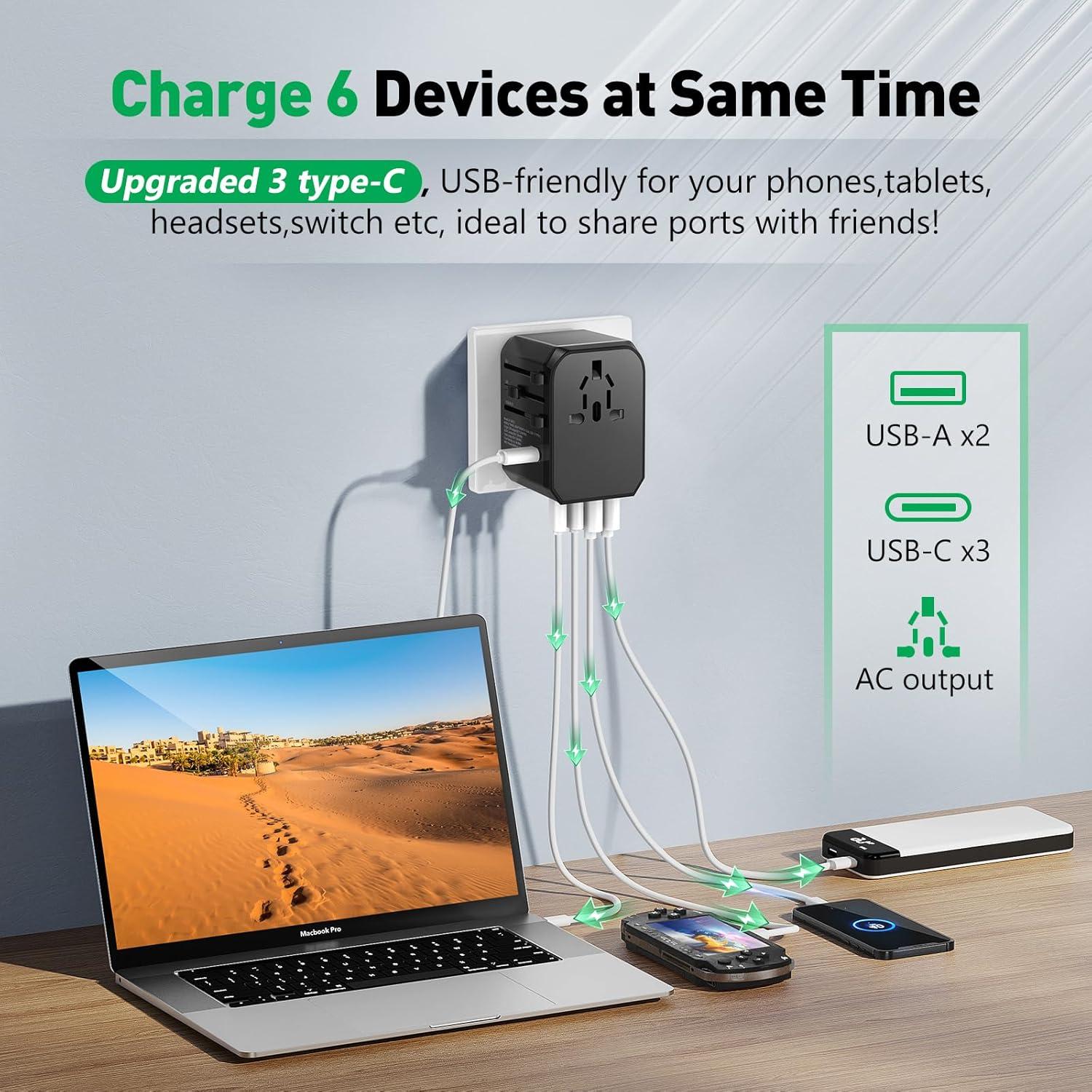 Adaptador de Viaje Universal Hichor con 3 USB-C y 2 USB-A