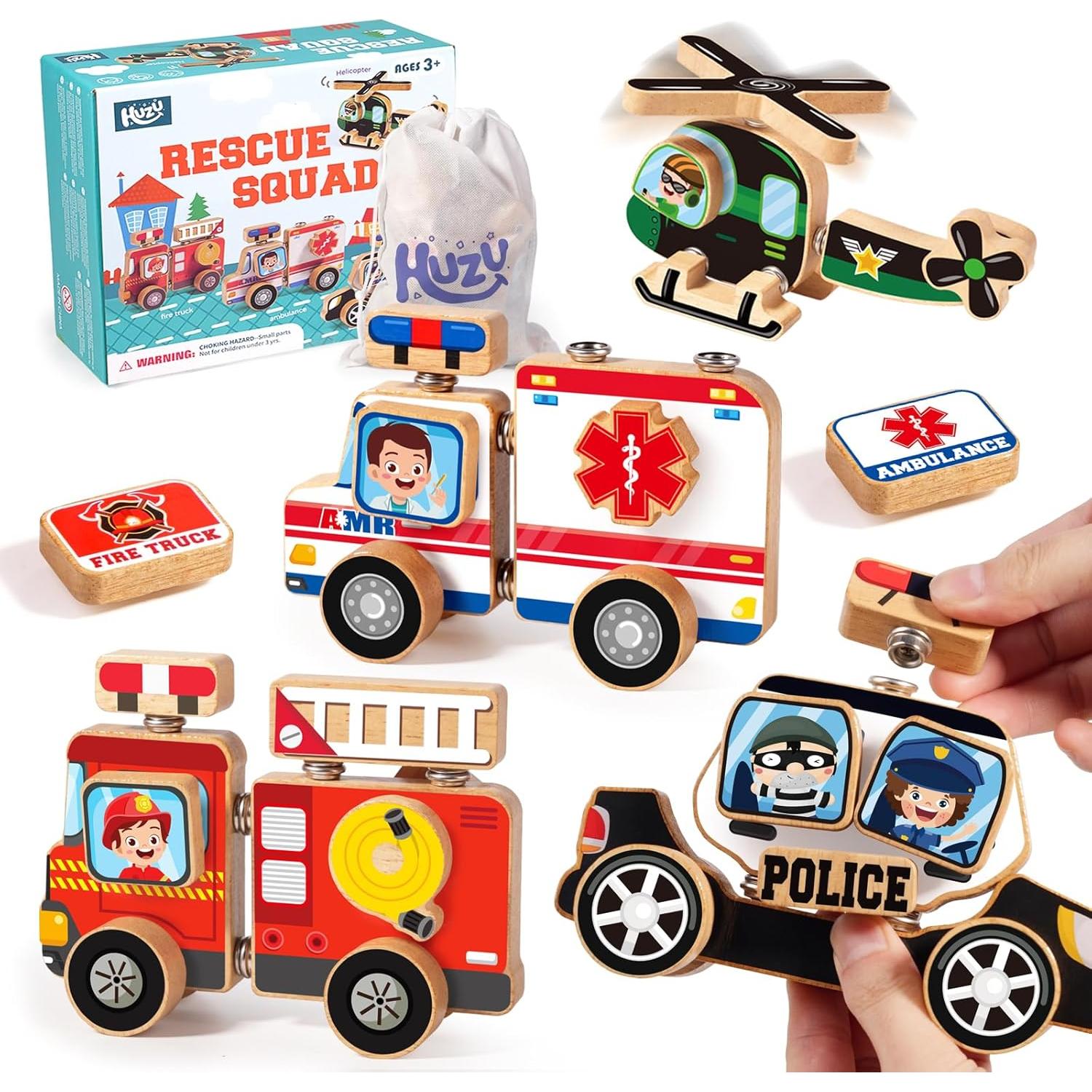 Conjunto de Juguetes de Madera HUZU: Vehículos de Emergencia y Árbol de Navidad