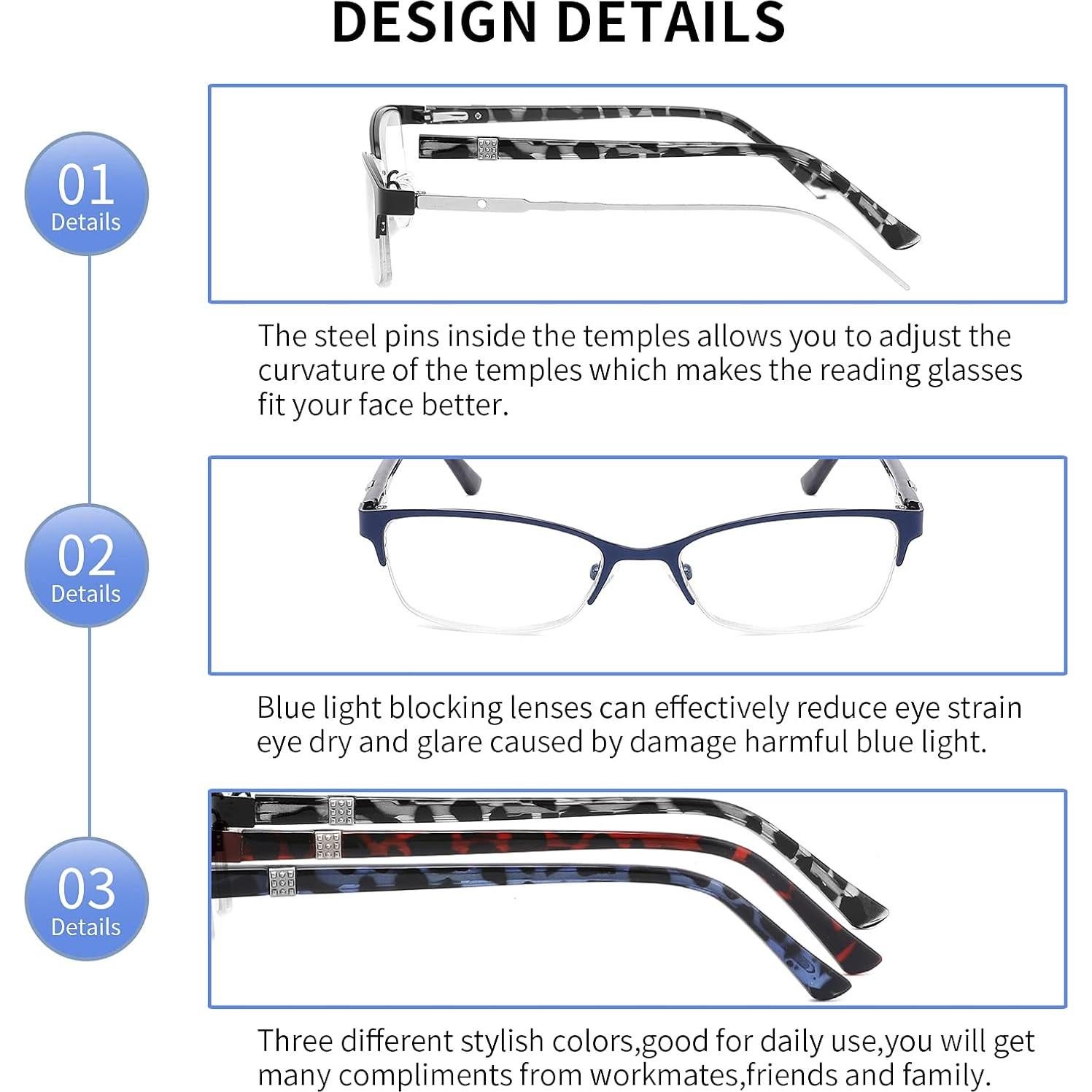 Gafas de Lectura BX 3-Pack Mujeres Anti Luz Azul Semi-Rimless