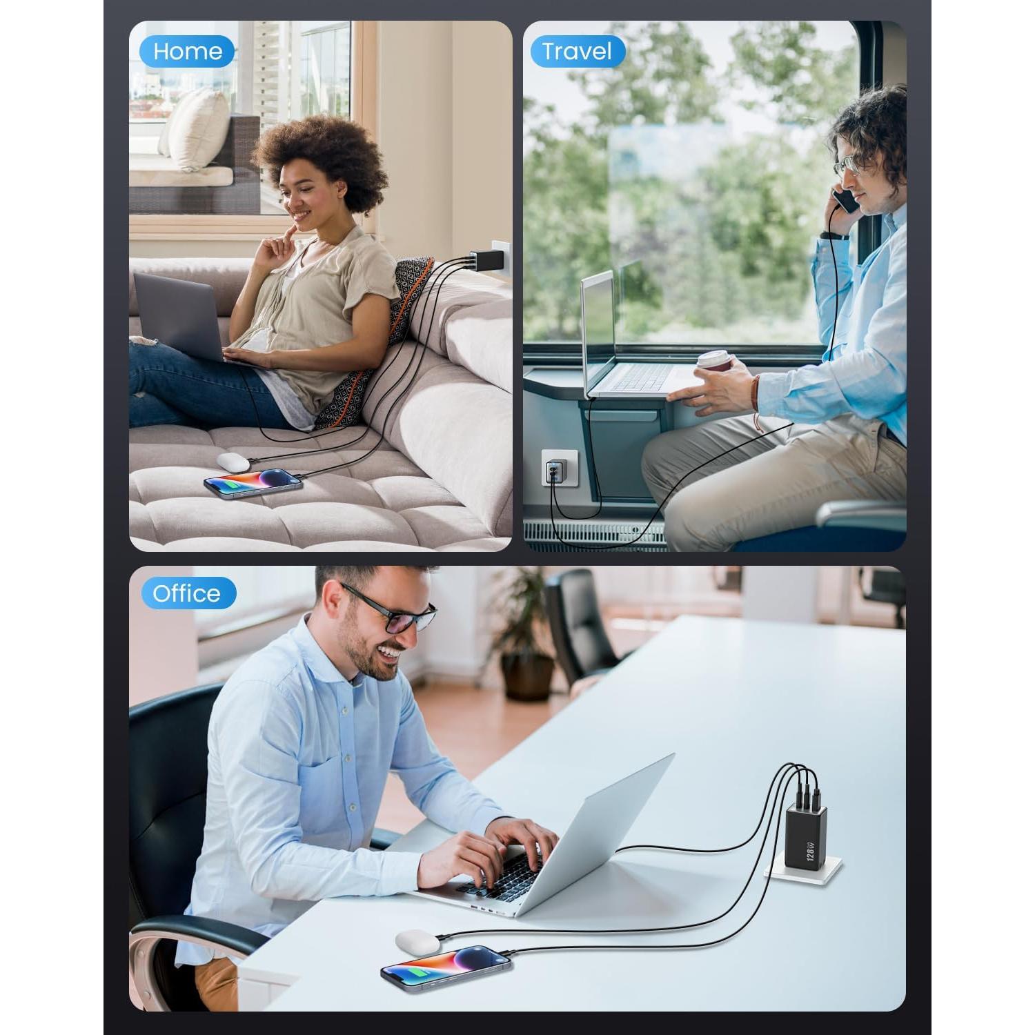 Cargador USB C 128W Pxwaxpy 3 Puertos Rápido Plegable