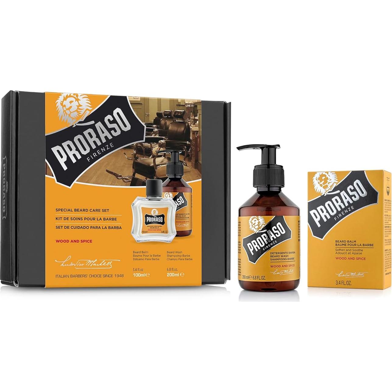 Kit Cuidado Barba Proraso Balsamo Jabón Madera Especias