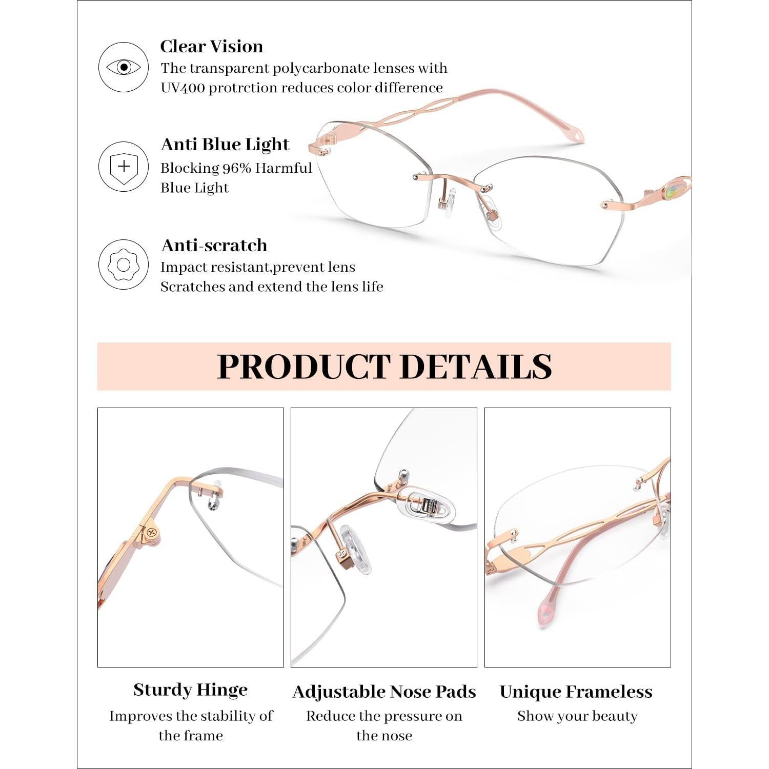 Gafas de Lectura LUFF Sin Montura Rosa 1.5x Anti Luz Azul