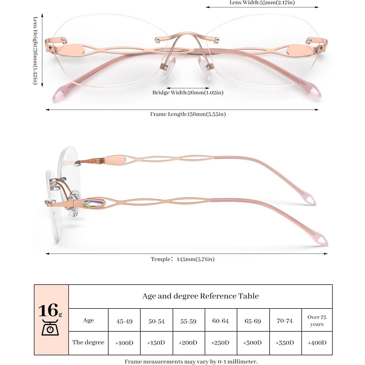 Gafas de Lectura LUFF Sin Montura Rosa 1.5x Anti Luz Azul