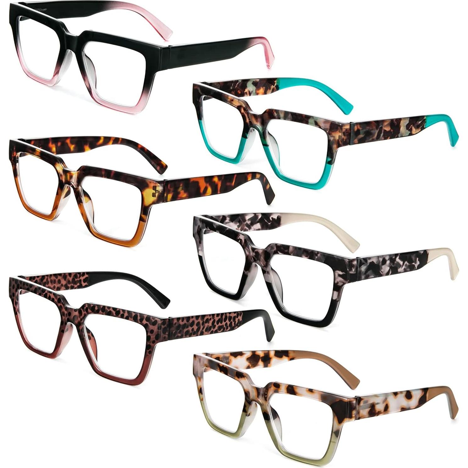 KoKoBin 6 Pack Oprah Style Reading Glasses for Women， Oversize Square Frame Blue Light Blocking Comfortable Readers