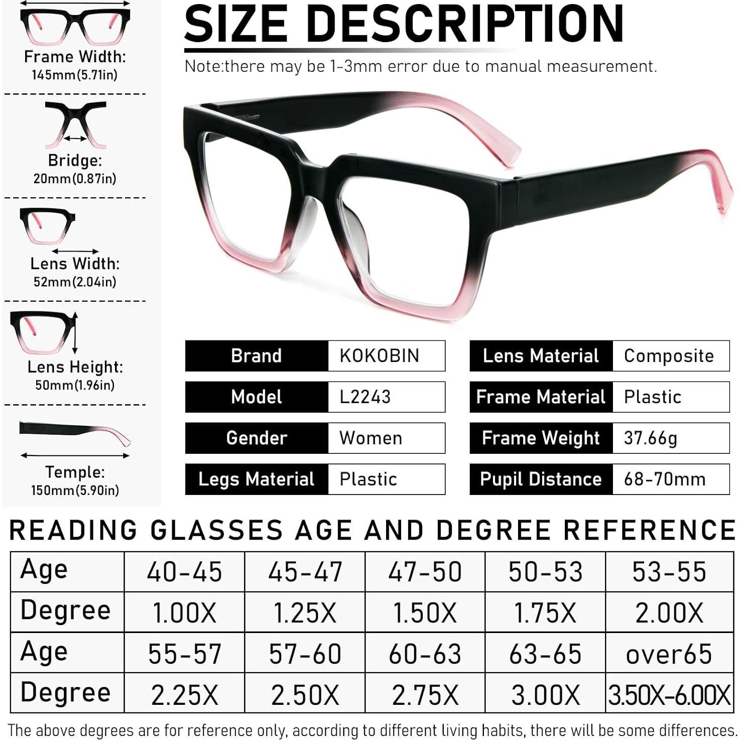 KoKoBin 6 Pack Oprah Style Reading Glasses for Women， Oversize Square Frame Blue Light Blocking Comfortable Readers