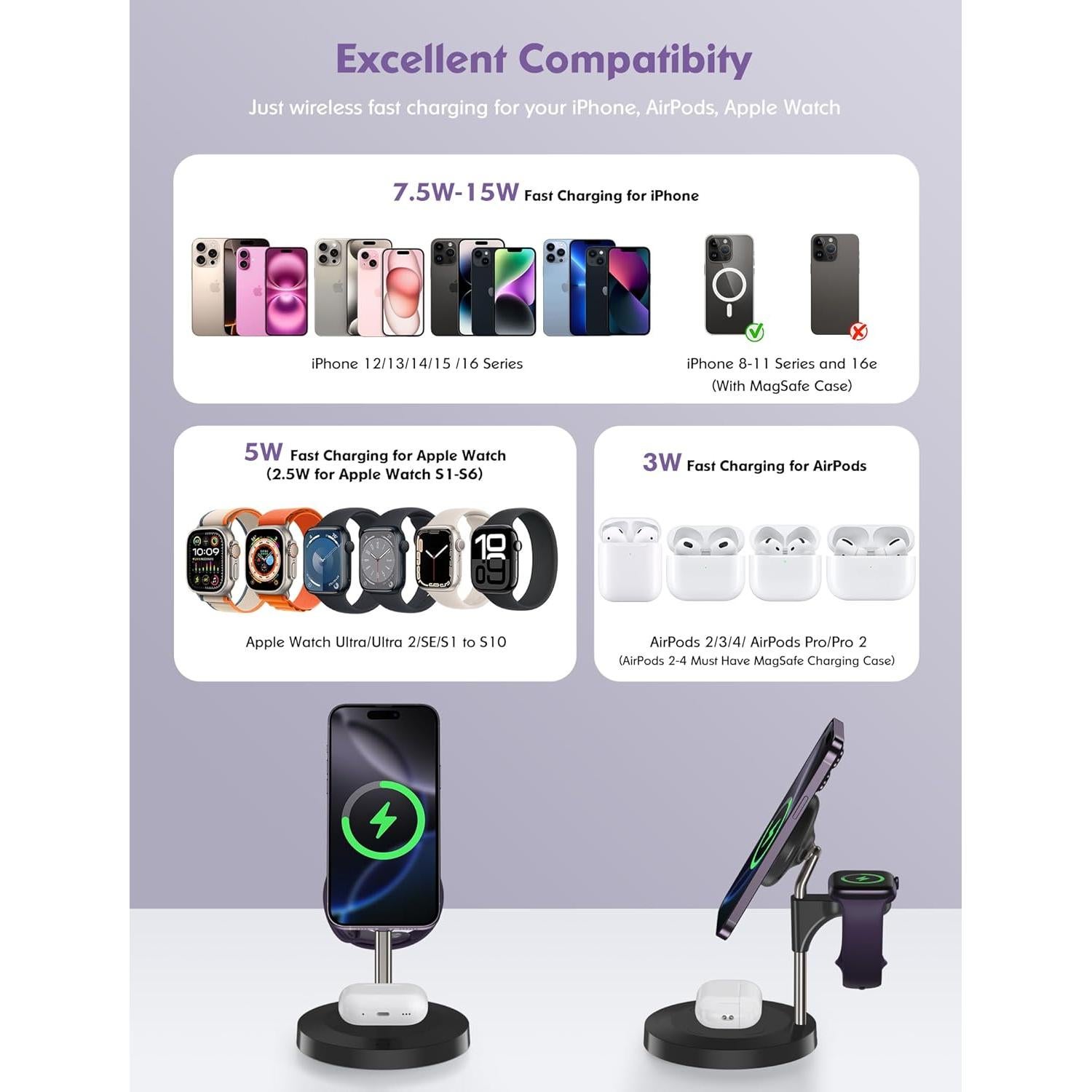 Estación de Carga Inalámbrica 3 en 1 Aeinidi para Apple