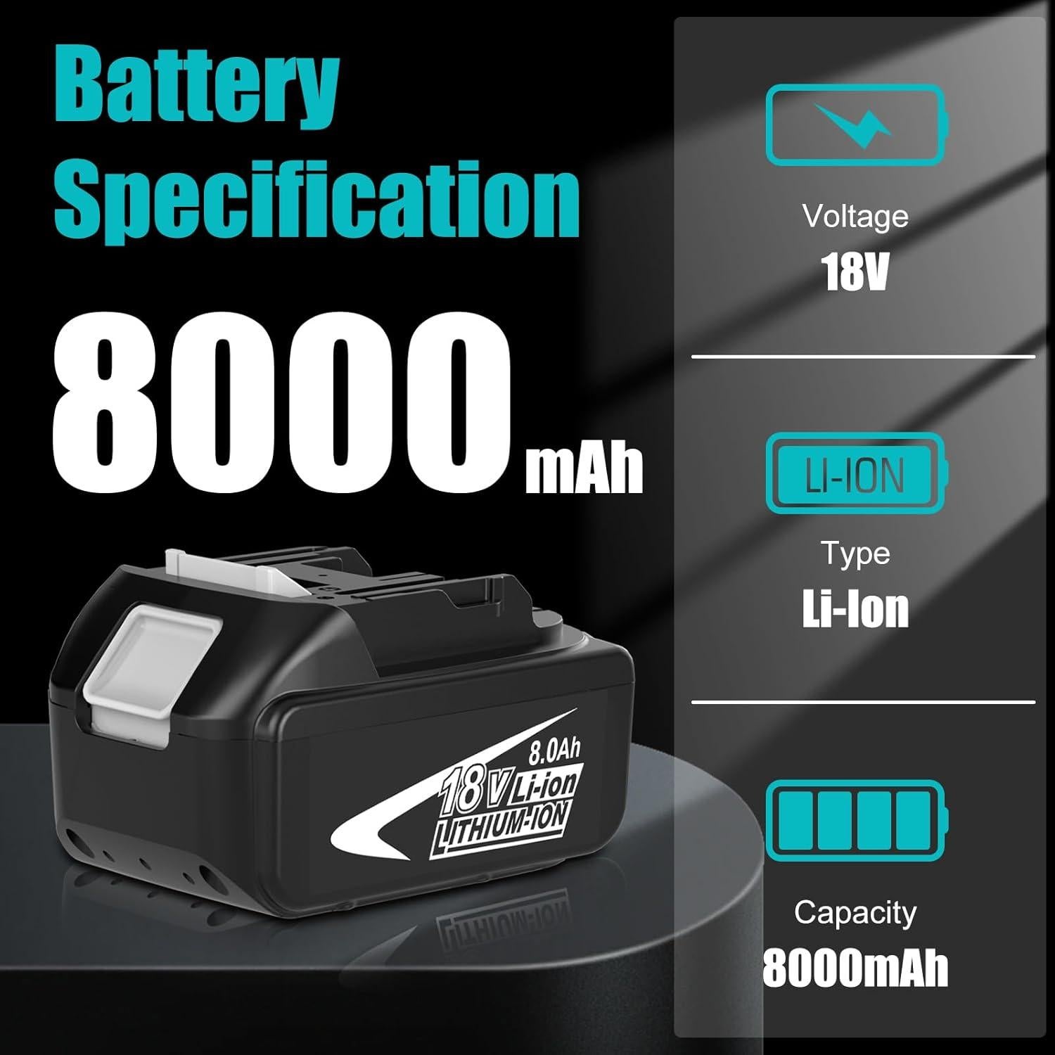 Paquete de 4 Baterías 8000mAh Makita 18V BL1860B BL1850B