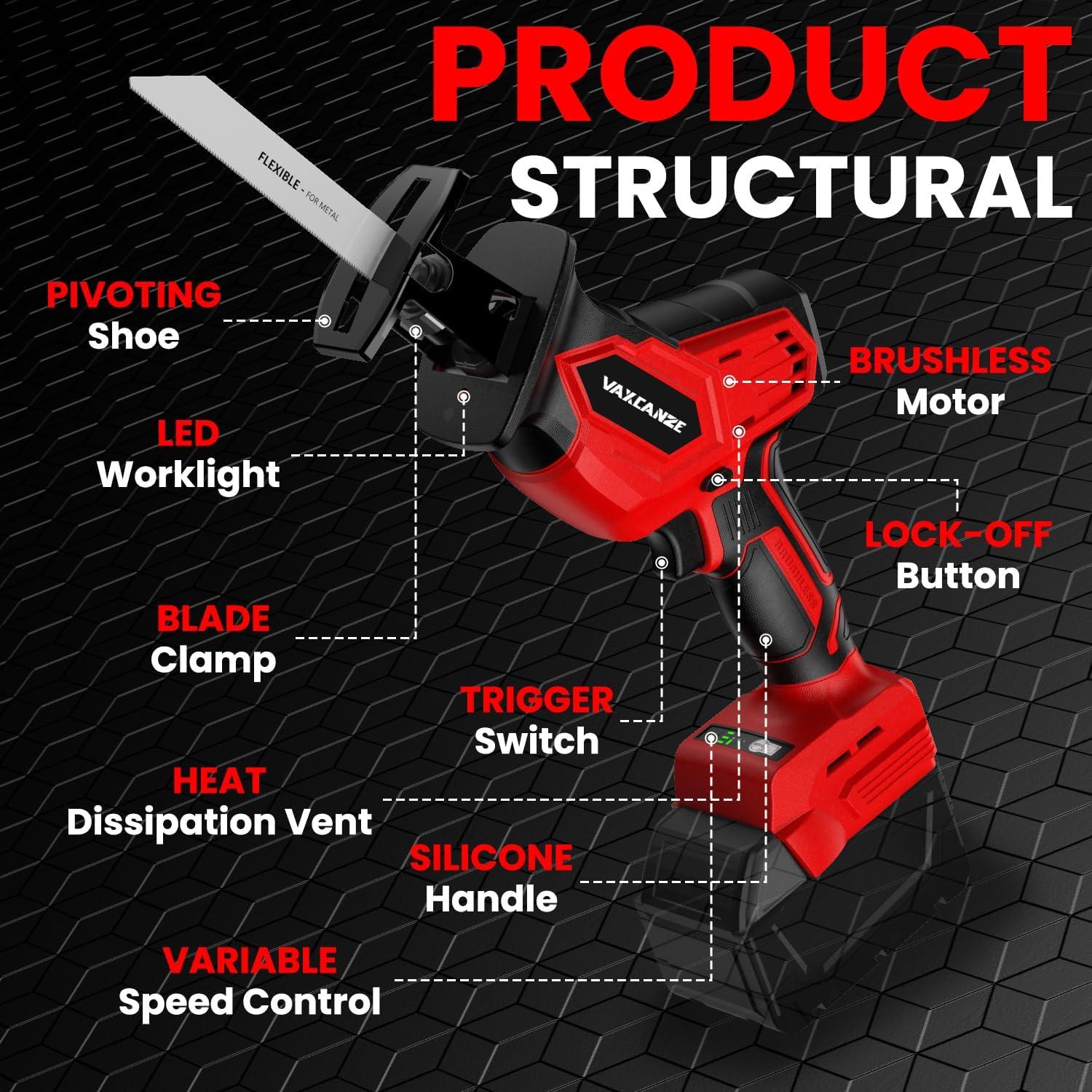 Sierra Recíproca Inalámbrica VAXCANZE 18V Motor Sin Escobillas