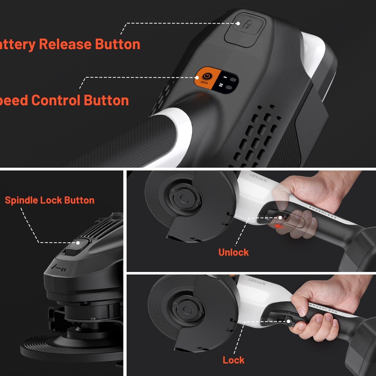 Amoladora Angular Inalámbrica LiTHELi 20V 4.9" Sin Escobillas