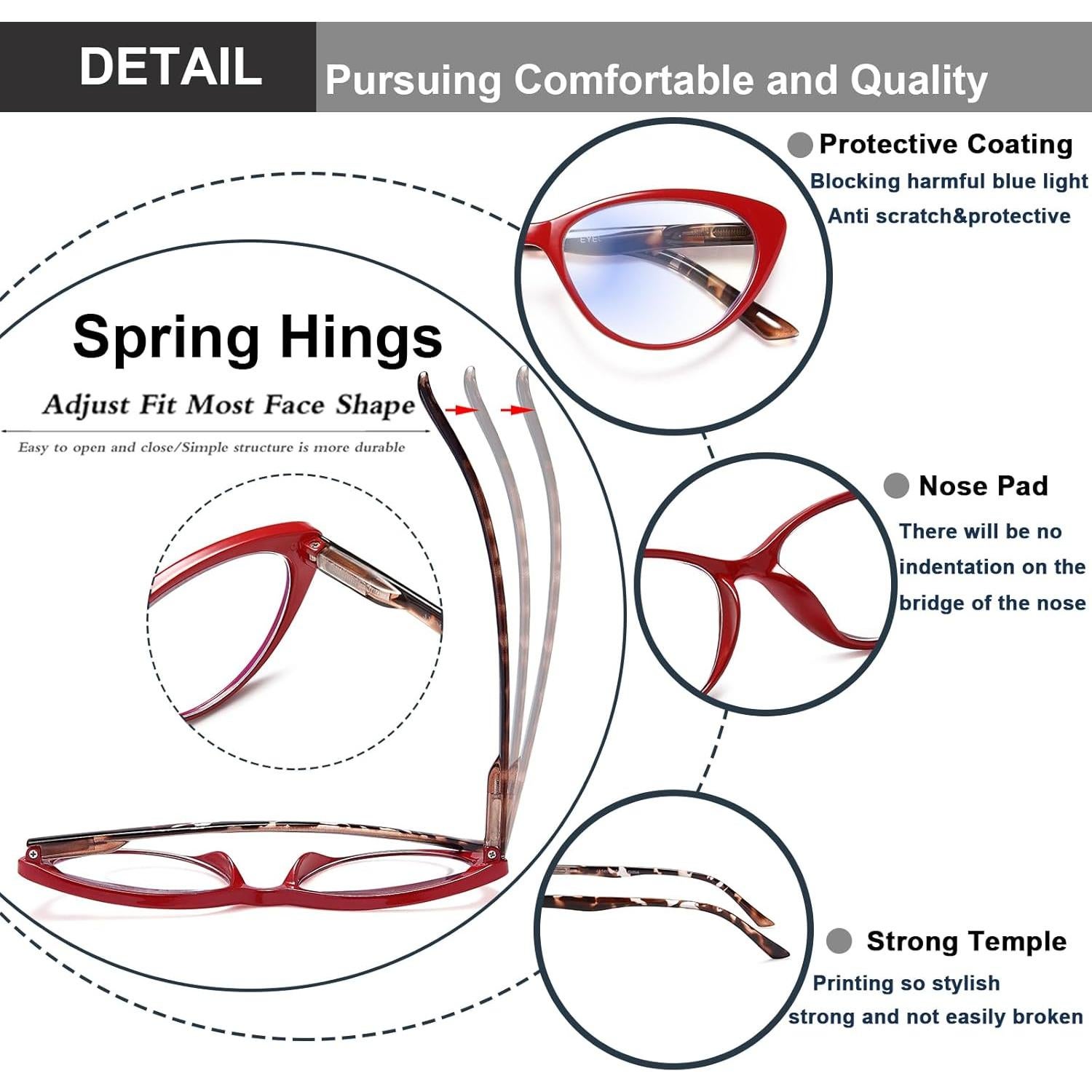 EYEURL 5 Pack-Reading Glasses for Women Fashion Cat Eye Reading Glasses Blue Light Blocking Computer Readers with Spring Hinges Cat Eye Eyeglasses2.0