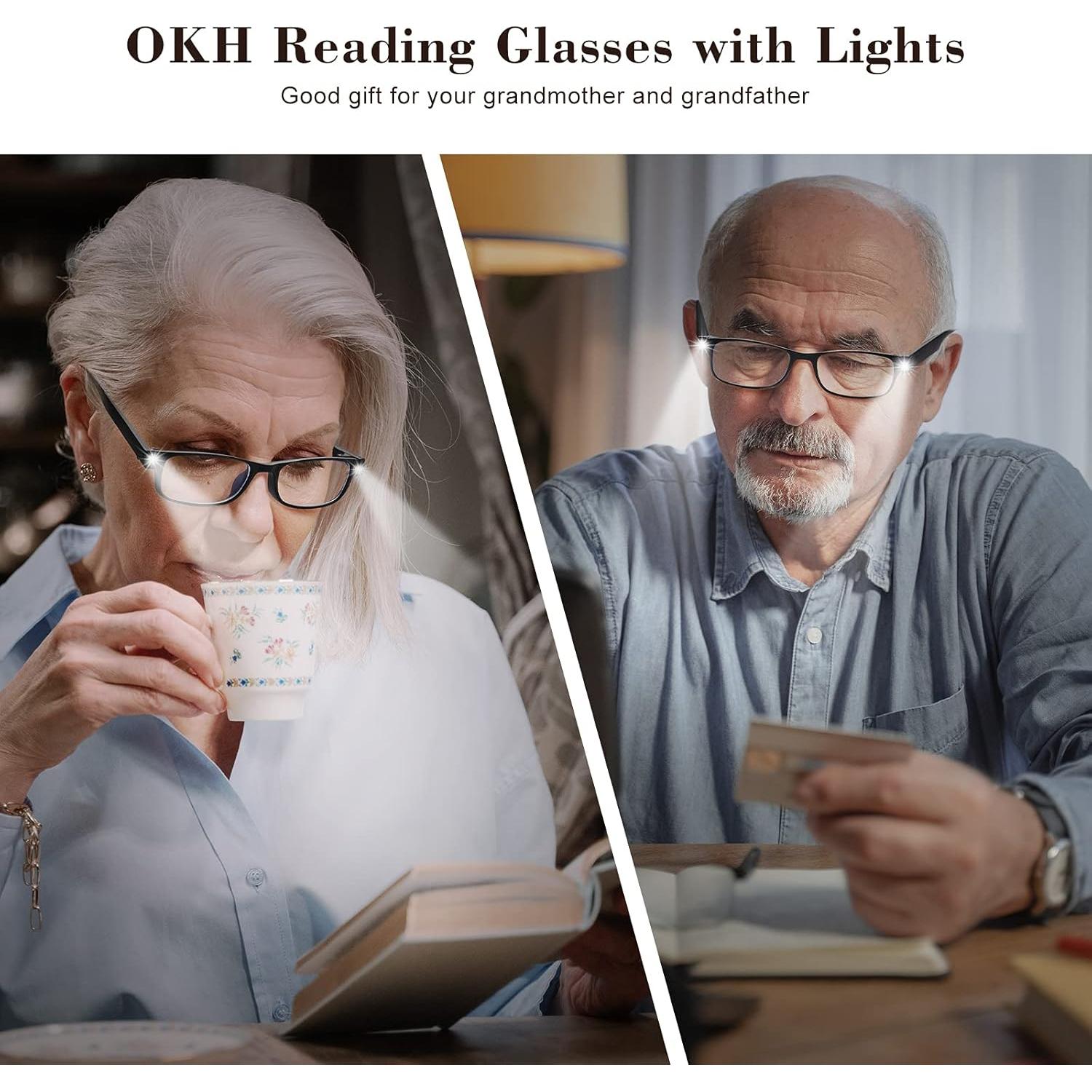 OKH Reading Glasses with Light, Anti Blue Light Lens, Rechargeable Bright LED Readers for Men Women