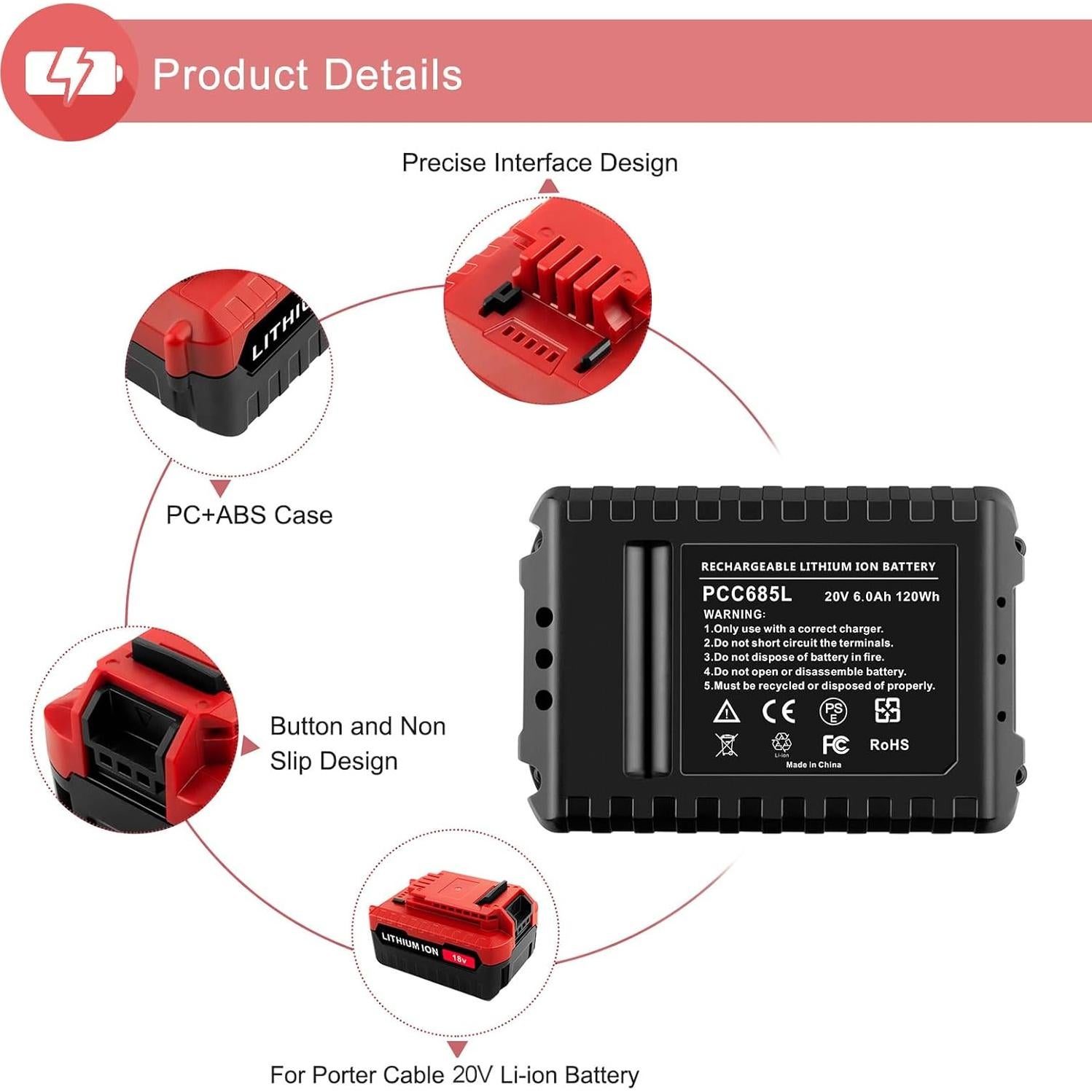 Batería de Litio 20V UGLOEY PCC685L 6000mAh Compatible Porter Cable