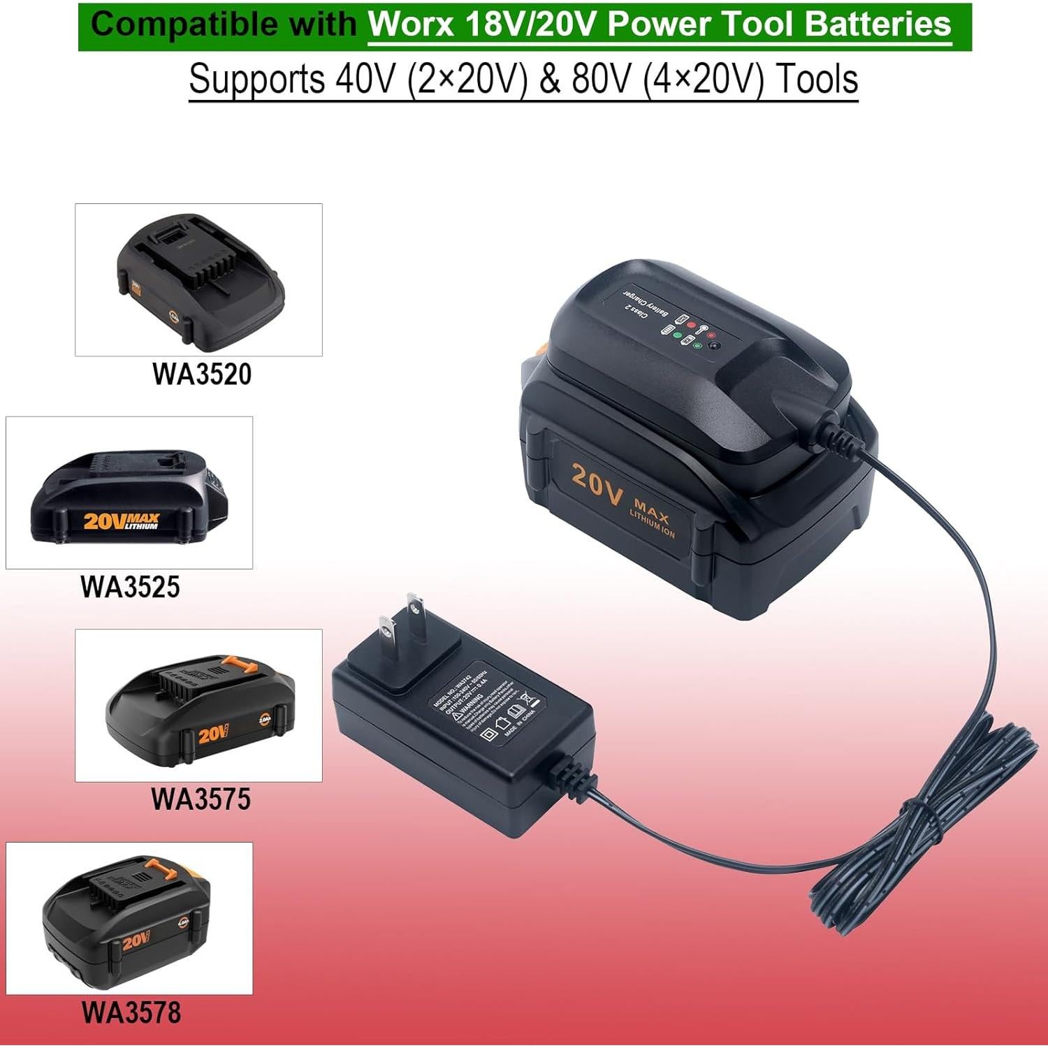 Cargador de Batería Compatible Worx WA3742 20V - Carga Rápida