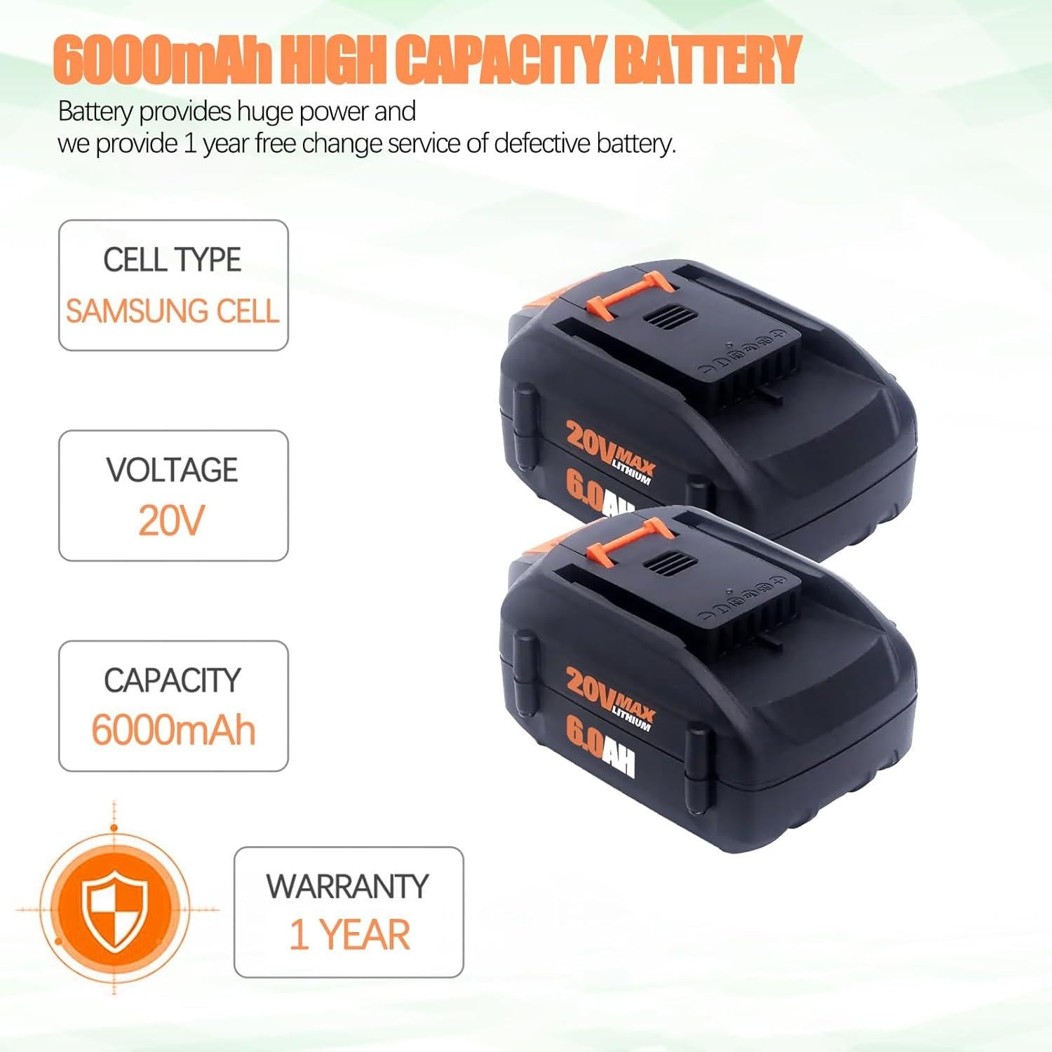 Paquete de 2 Baterías Li-ion 20V 6500mAh Compatible Worx