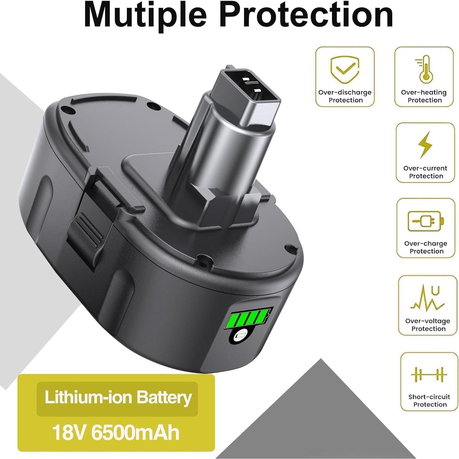 2 Baterías de Litio-ion 6.5Ah para Dewalt 18V DC9096 DC9098