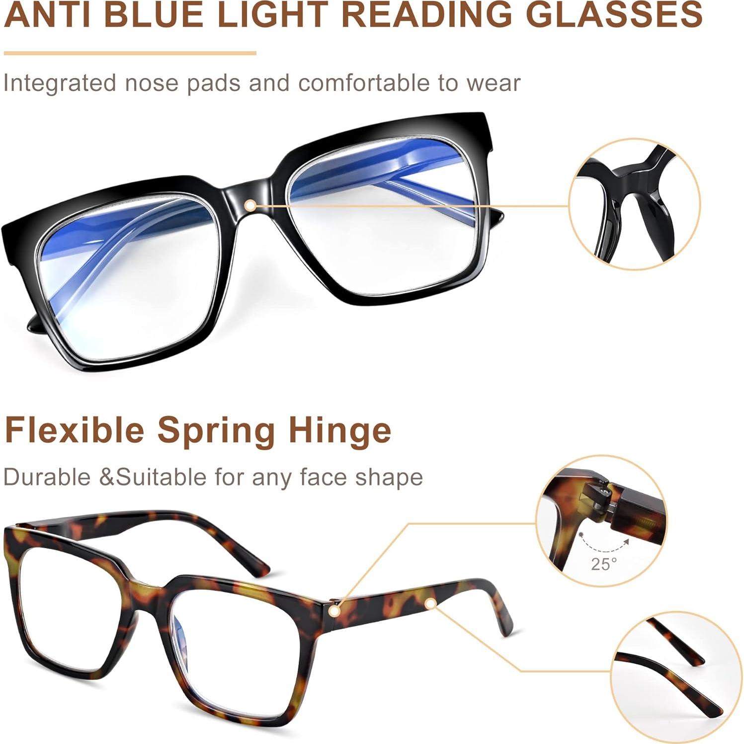 EASY READ 3 Pairs Reading Glasses for Women, Squre Computer Blue Light Blocking Anti UV Readers with Spring Hinge