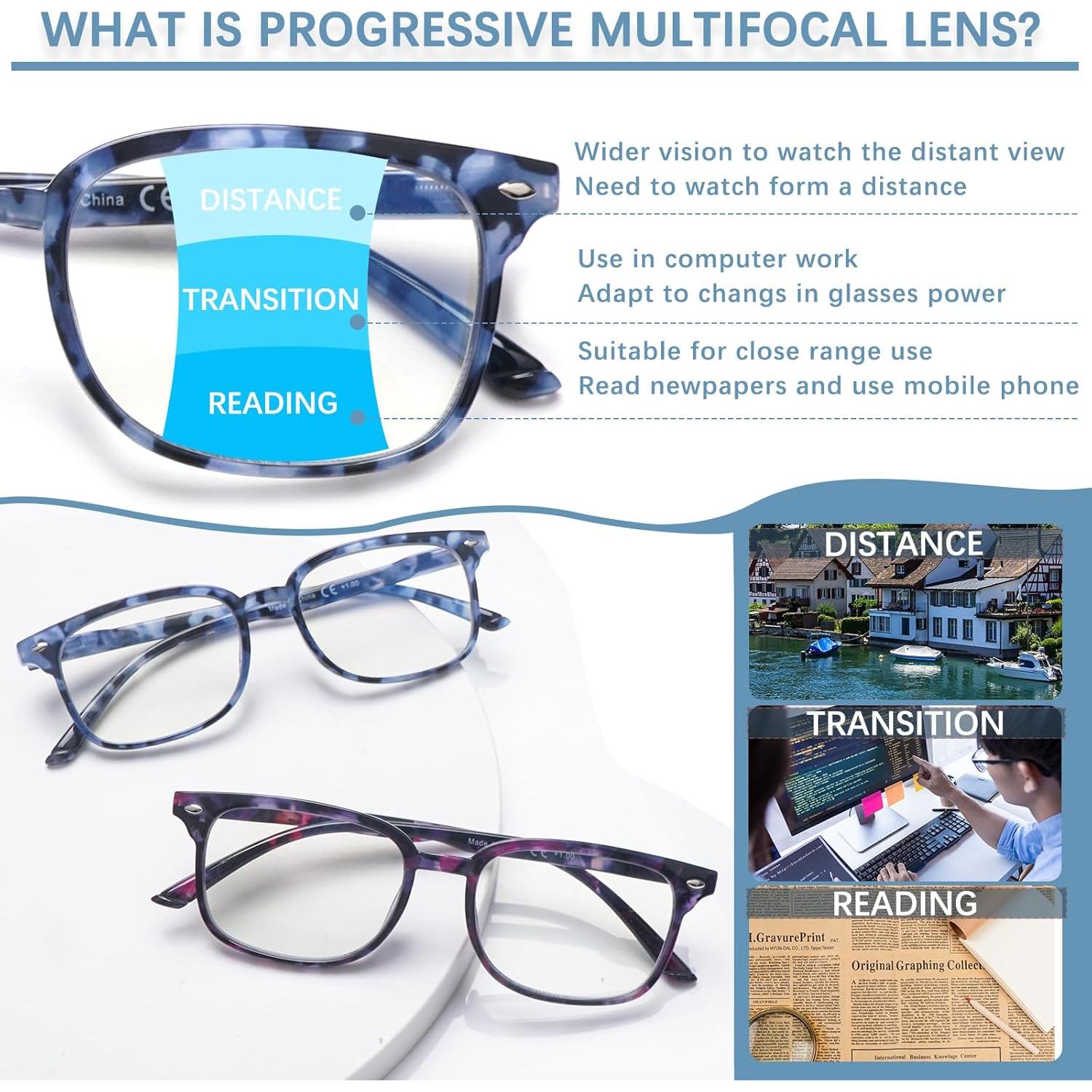 Progressive Multifocal Anti Blue Light Reading Glasses for Women and Men Fashion Eyeglasses Frame