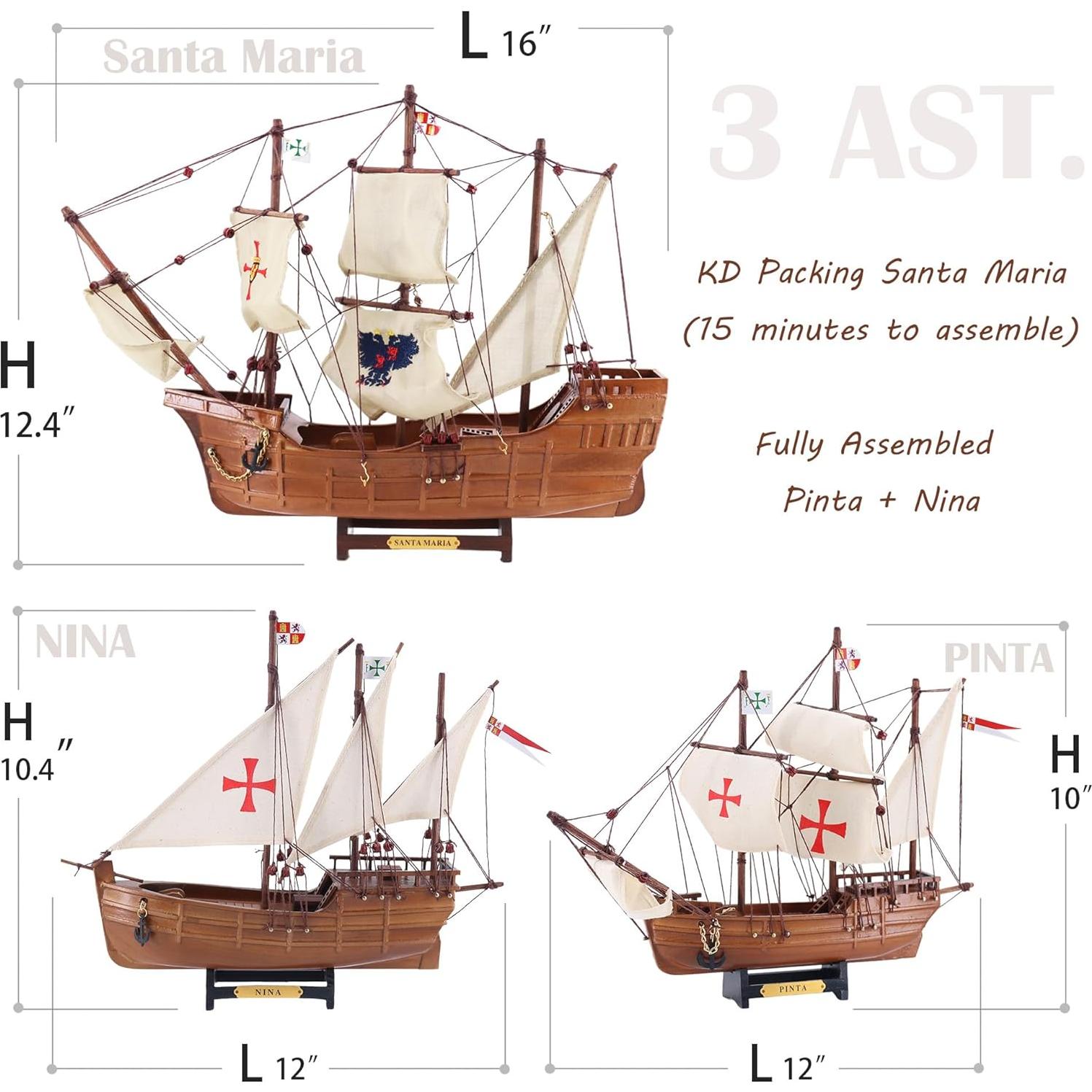 Set de 3 Barcos de Madera NAUTIMALL Santa María 40.64 cm