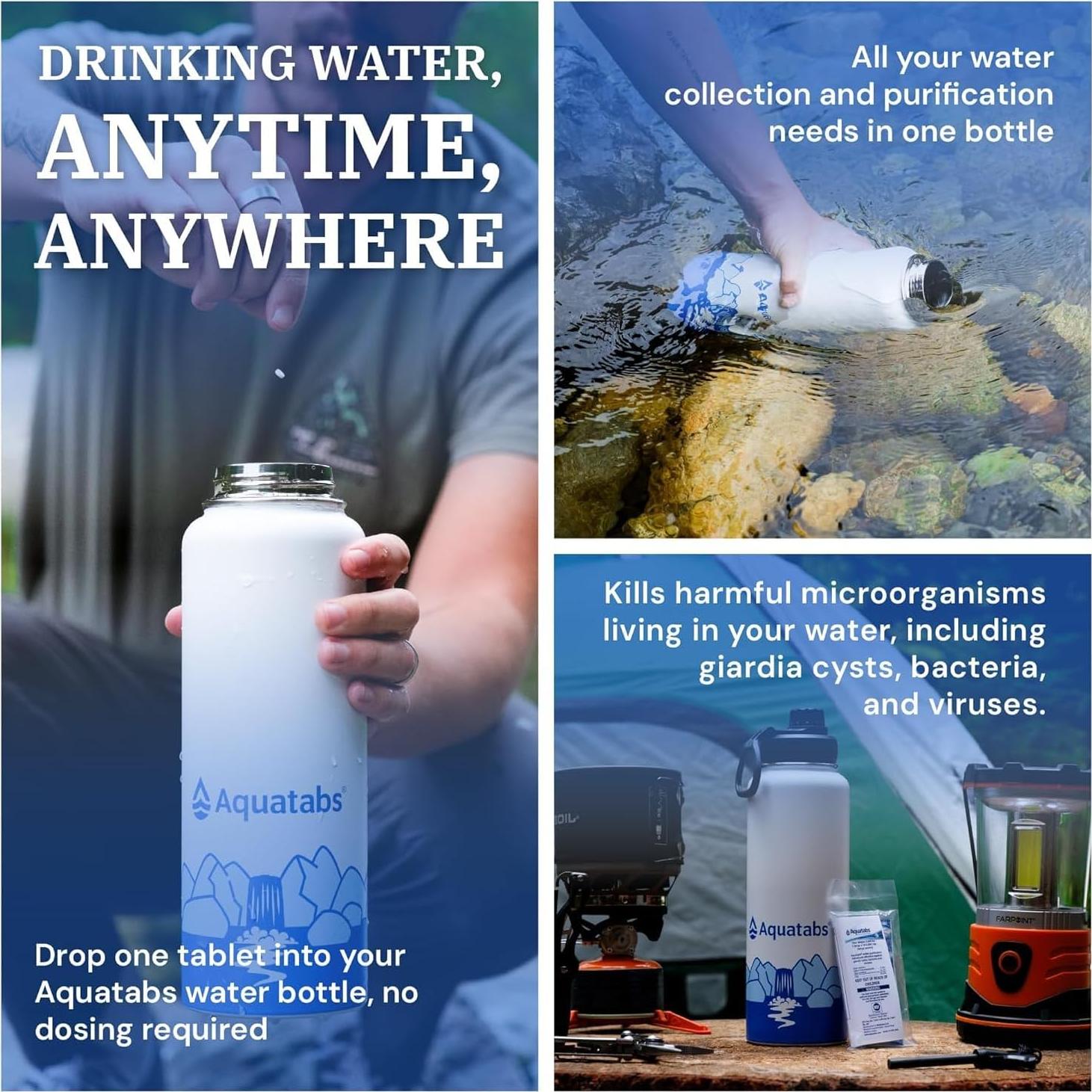 Botella Purificadora de Agua Aislada Aquatabs 1183ml + 100 Tabletas