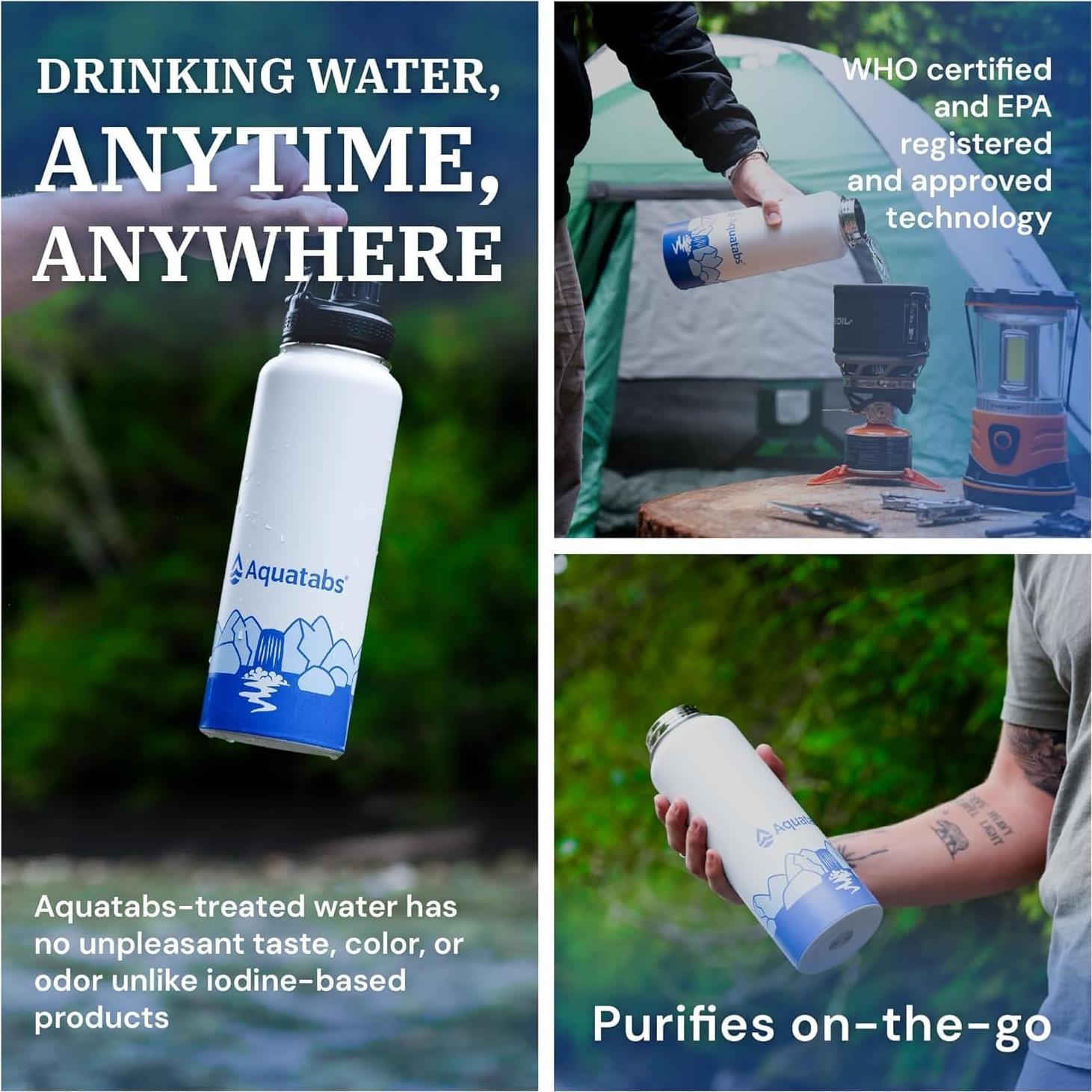 Botella Purificadora de Agua Aislada Aquatabs 1183ml + 100 Tabletas