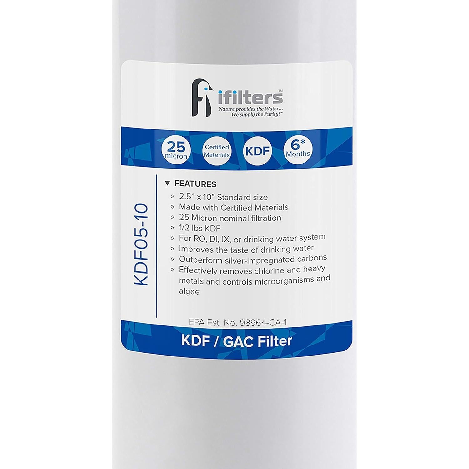 Filtro de agua KDF iFilters KDF05-10 2.5" x 10" para cloro y metales pesados