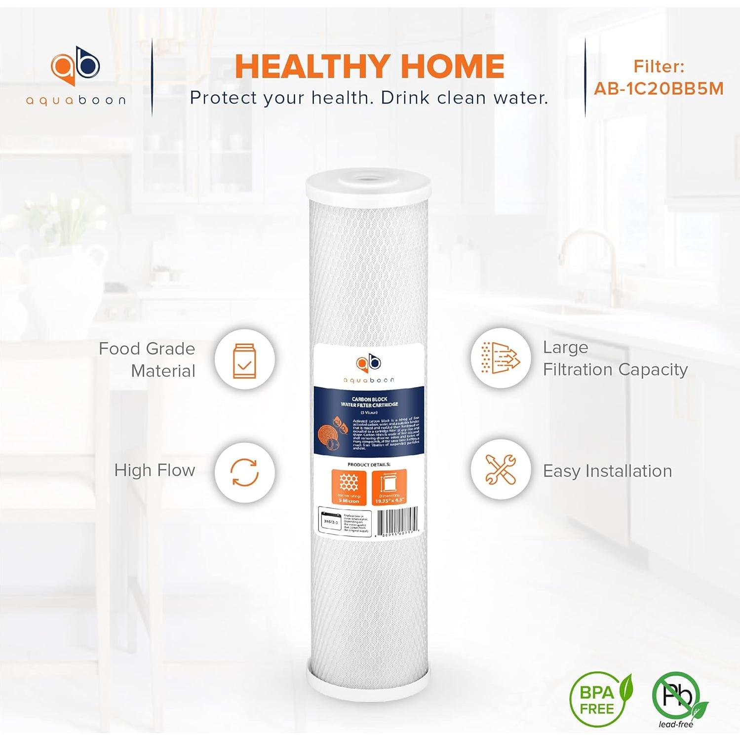 Cartucho de Filtro de Carbón Activado Aquaboon 20" x 4.5" - 5 Micrones - Paquete de 2