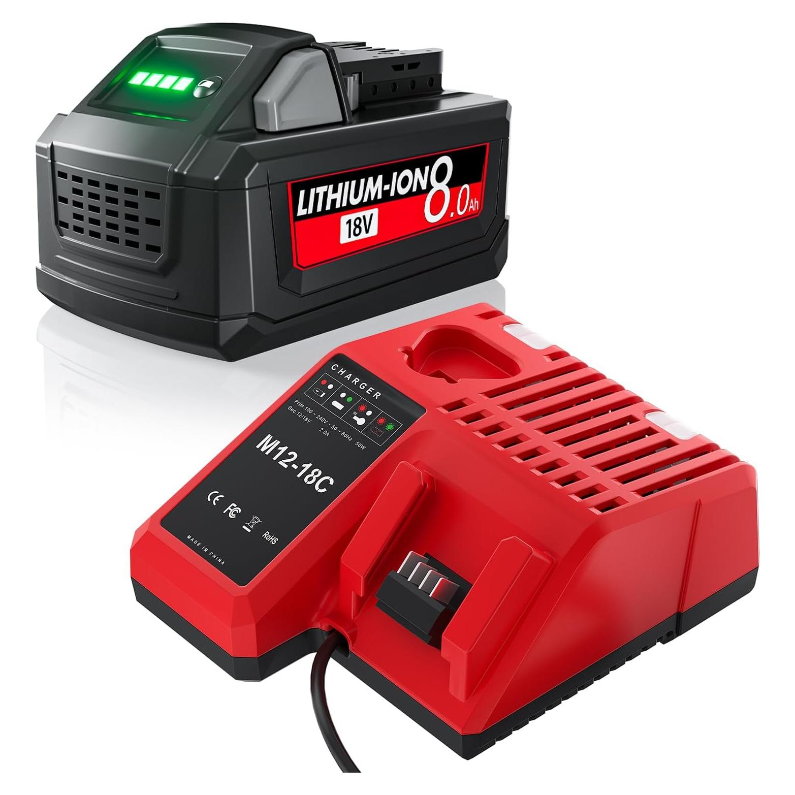 Batería y Cargador Mounzuikue 18V 8.0Ah Compatible Milwaukee M18