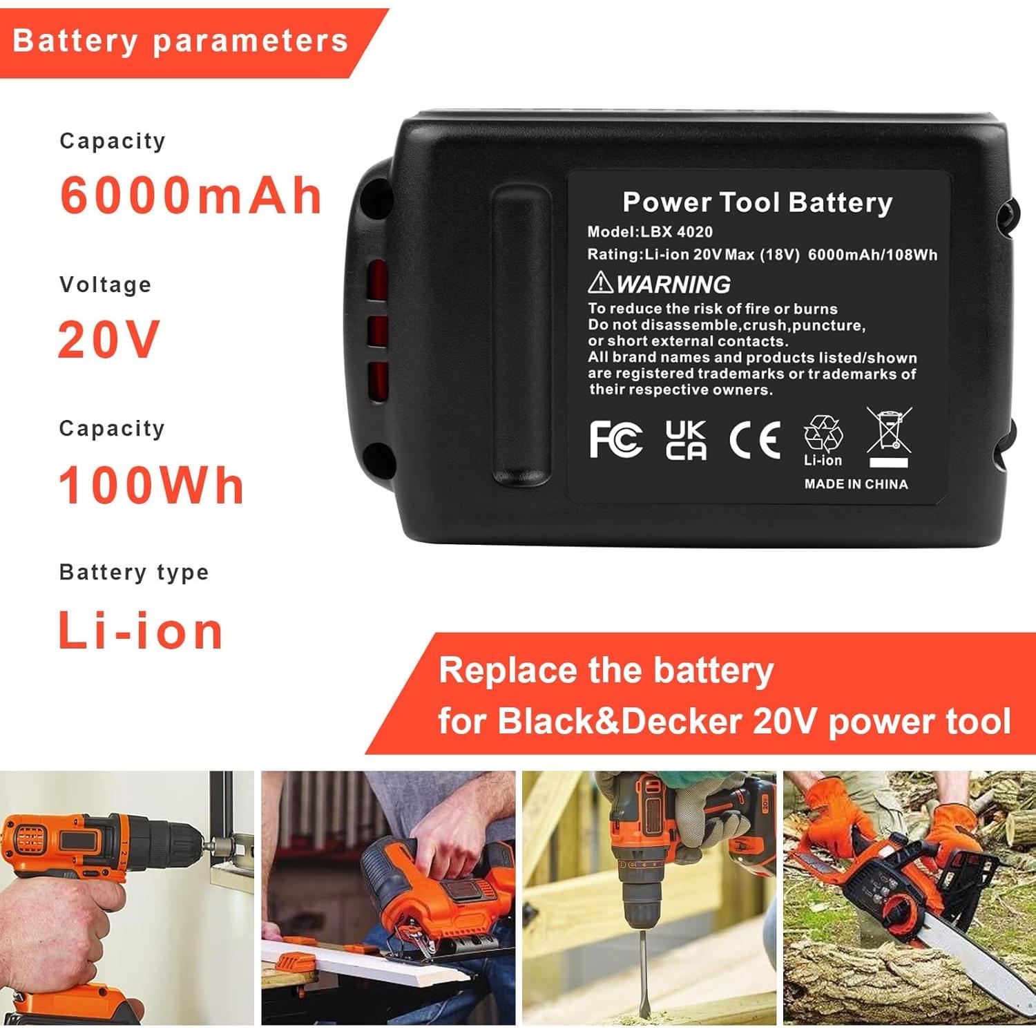 Batería de Litio 20V 6000mAh Compatible Black&Decker LBX4020
