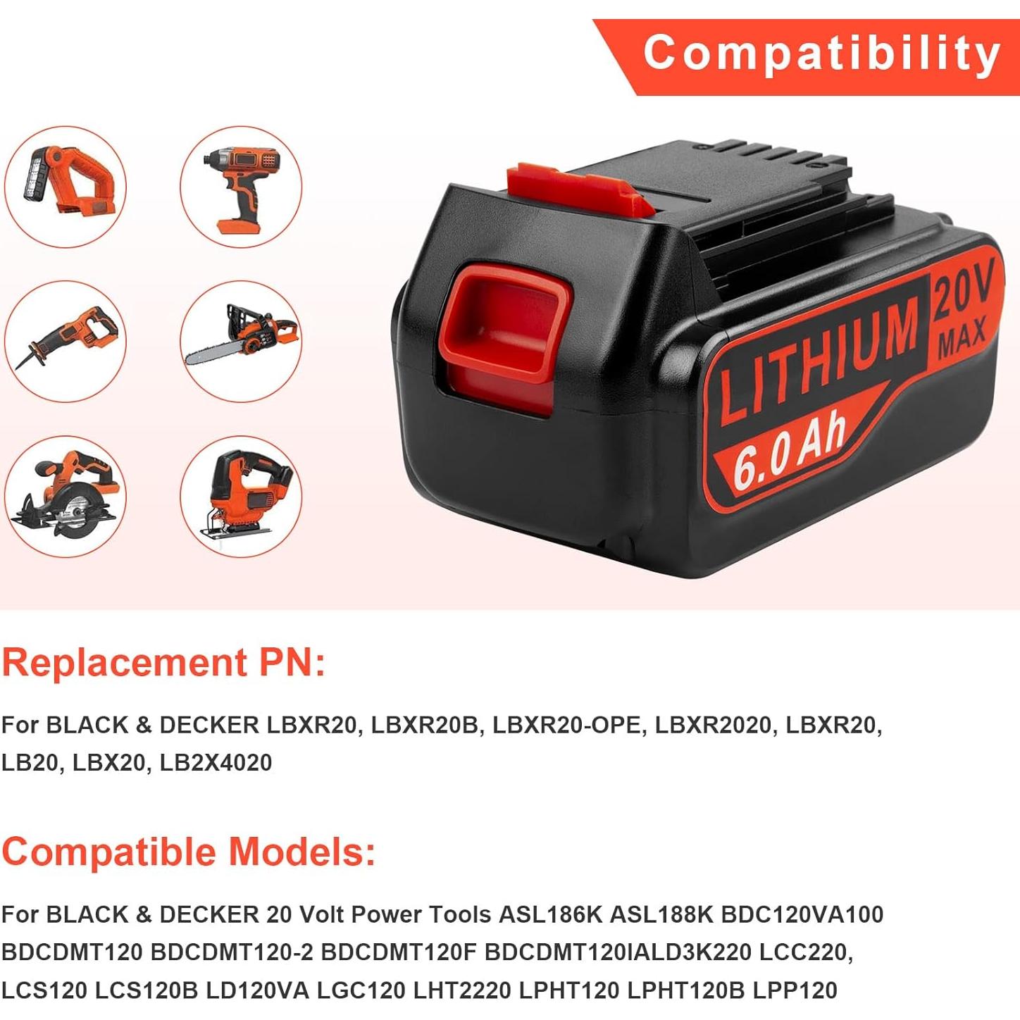 Batería de Litio 20V 6000mAh Compatible Black&Decker LBX4020