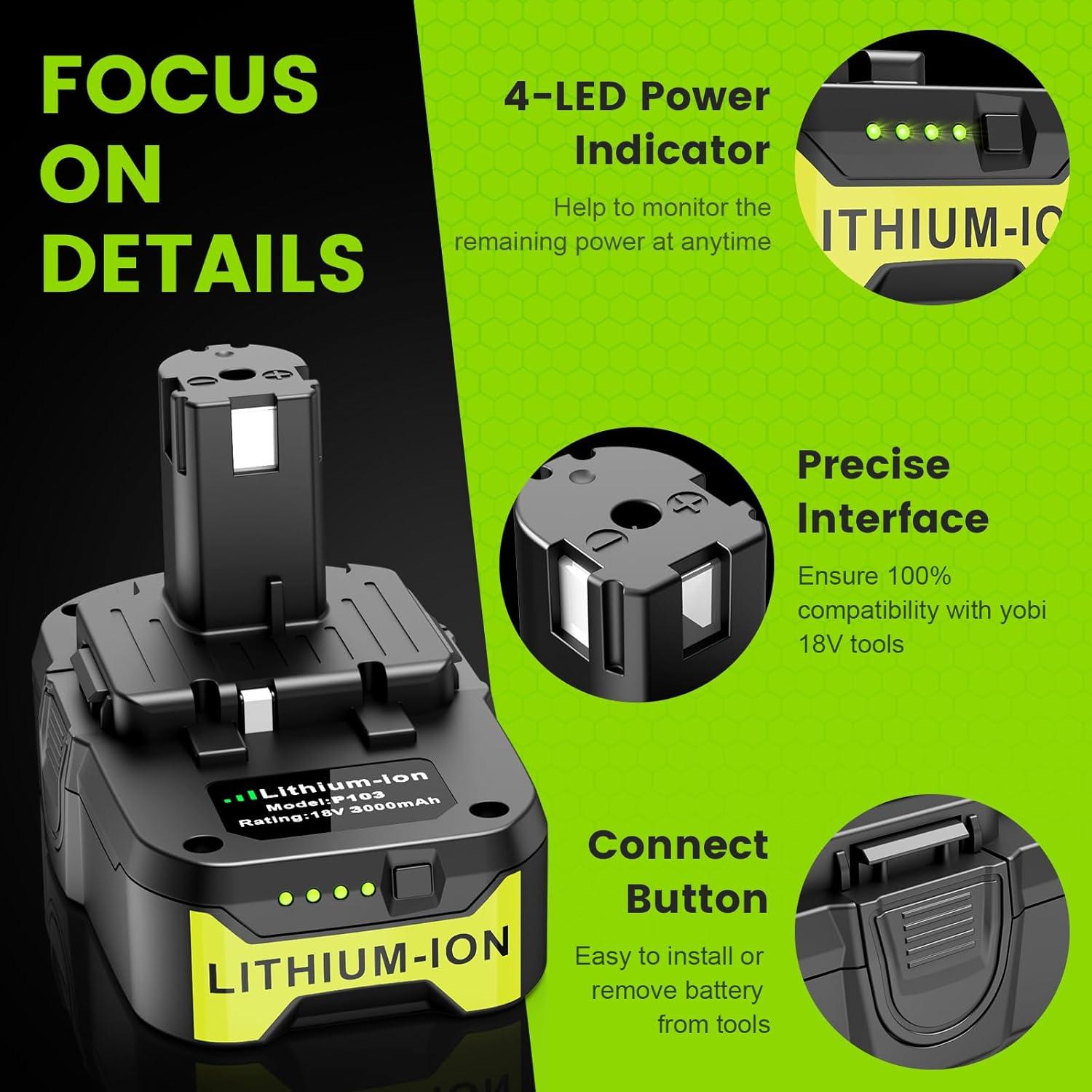 Batería de Litio ARyee 3000mAh 18V para Herramientas Ryobi