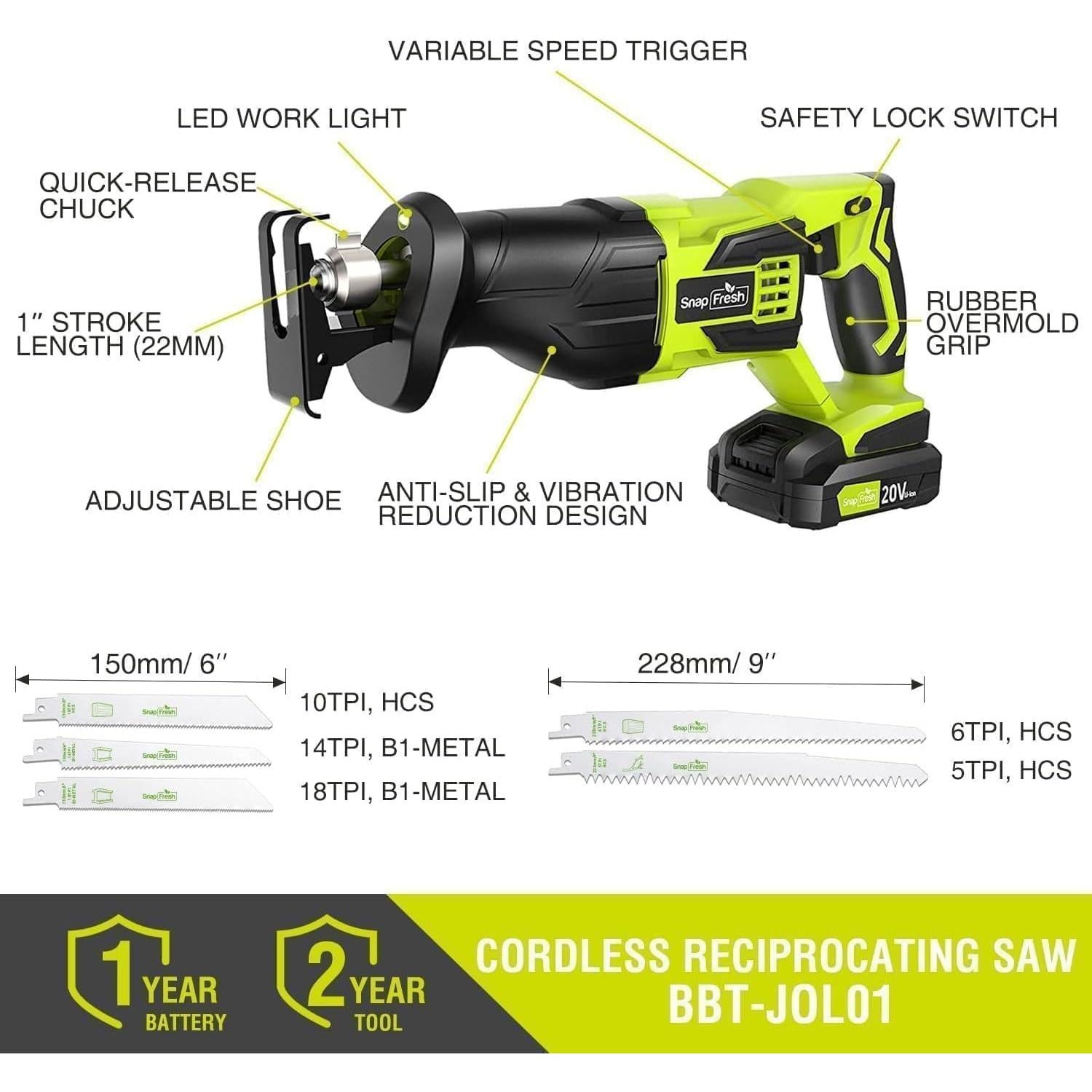 Sierra Recíproca Inalámbrica SnapFresh 20V 3000 SPM Verde