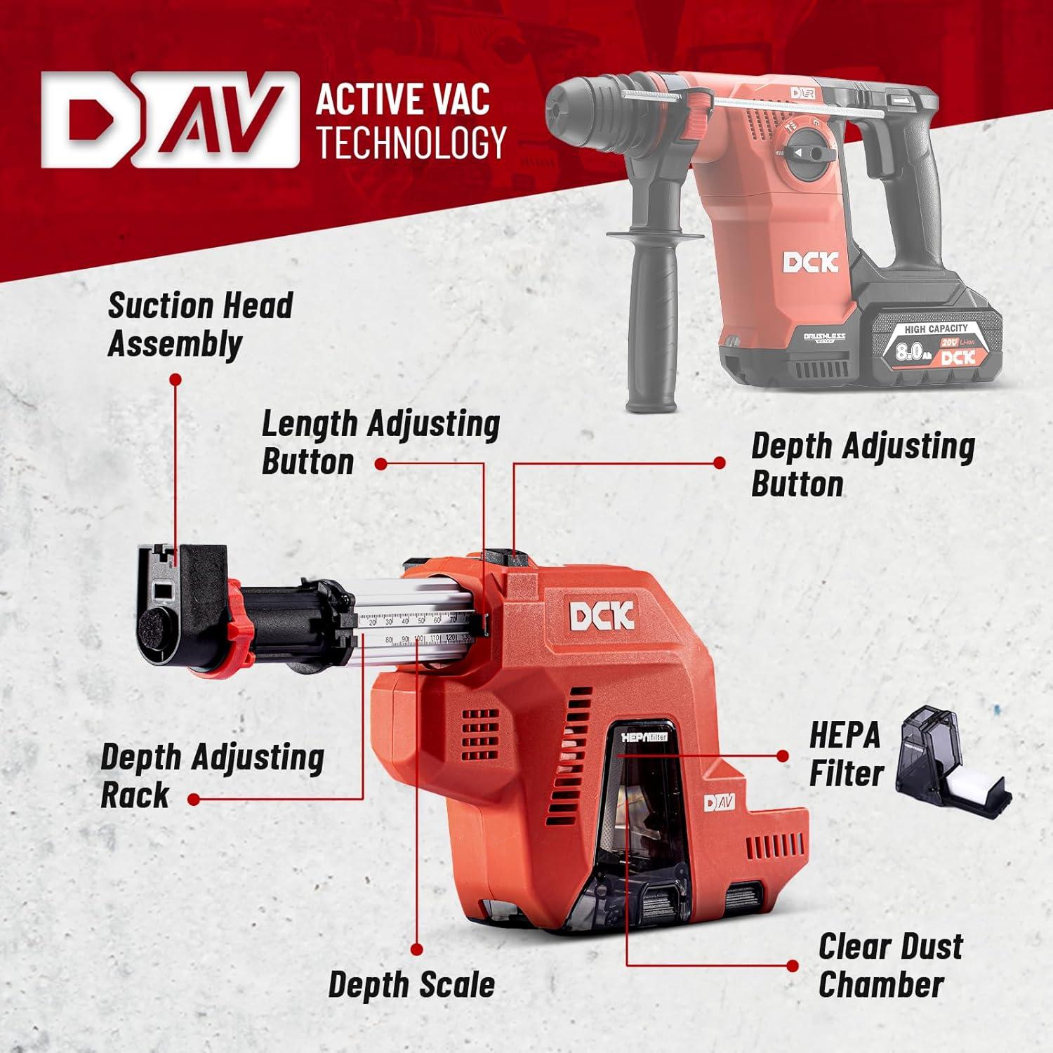 Taladro de Martillo Rotativo DCK 20V Inalámbrico con Extractor de Polvo