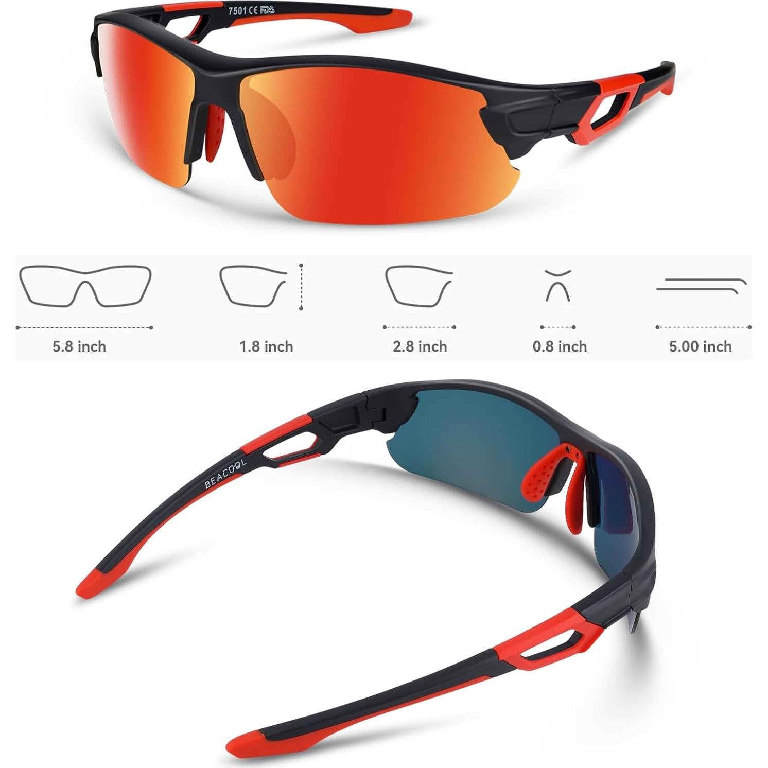 Gafas de Sol BEACOOL Polarizadas UV400 Unisex Negro Mate Rojo