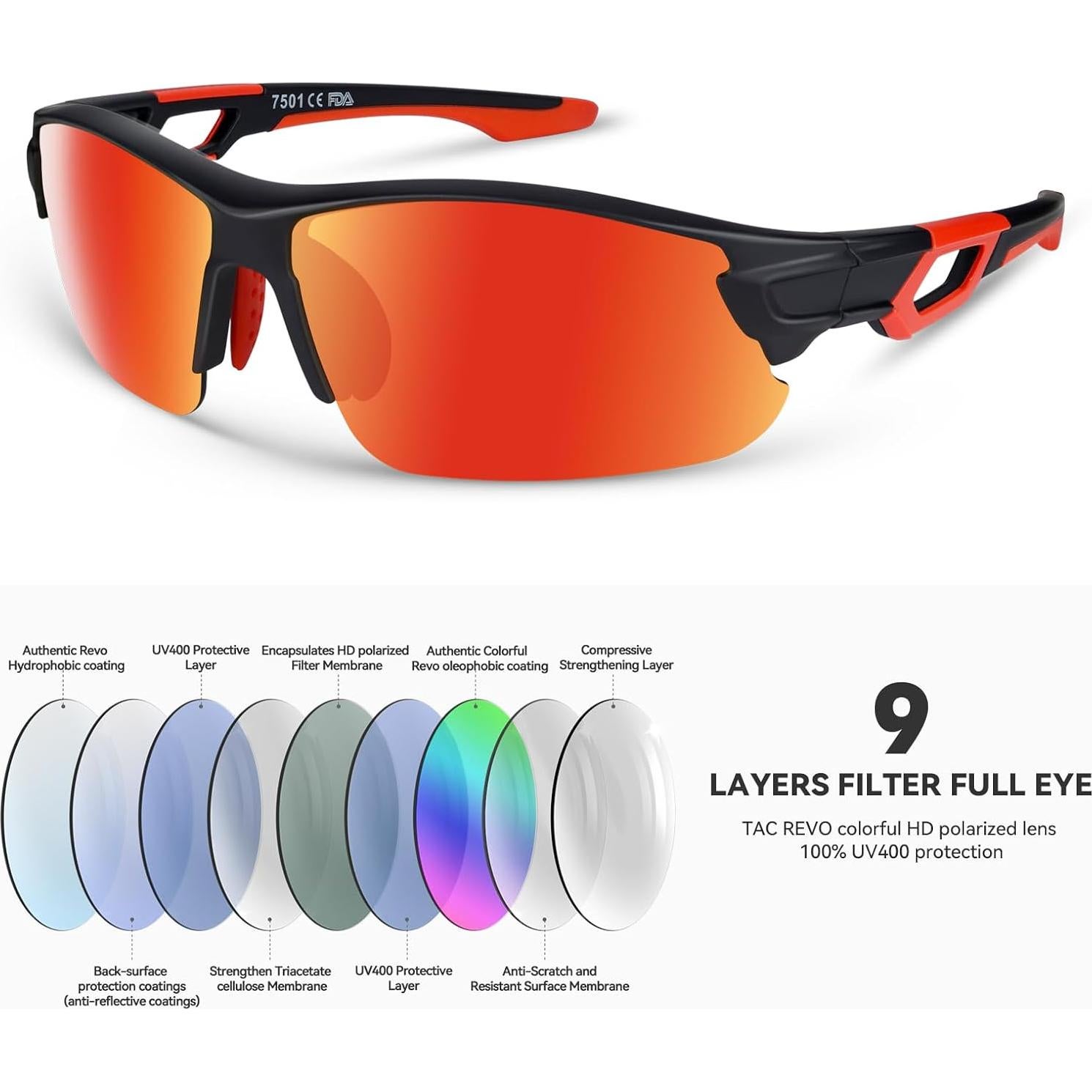 Gafas de Sol BEACOOL Polarizadas UV400 Unisex Negro Mate Rojo