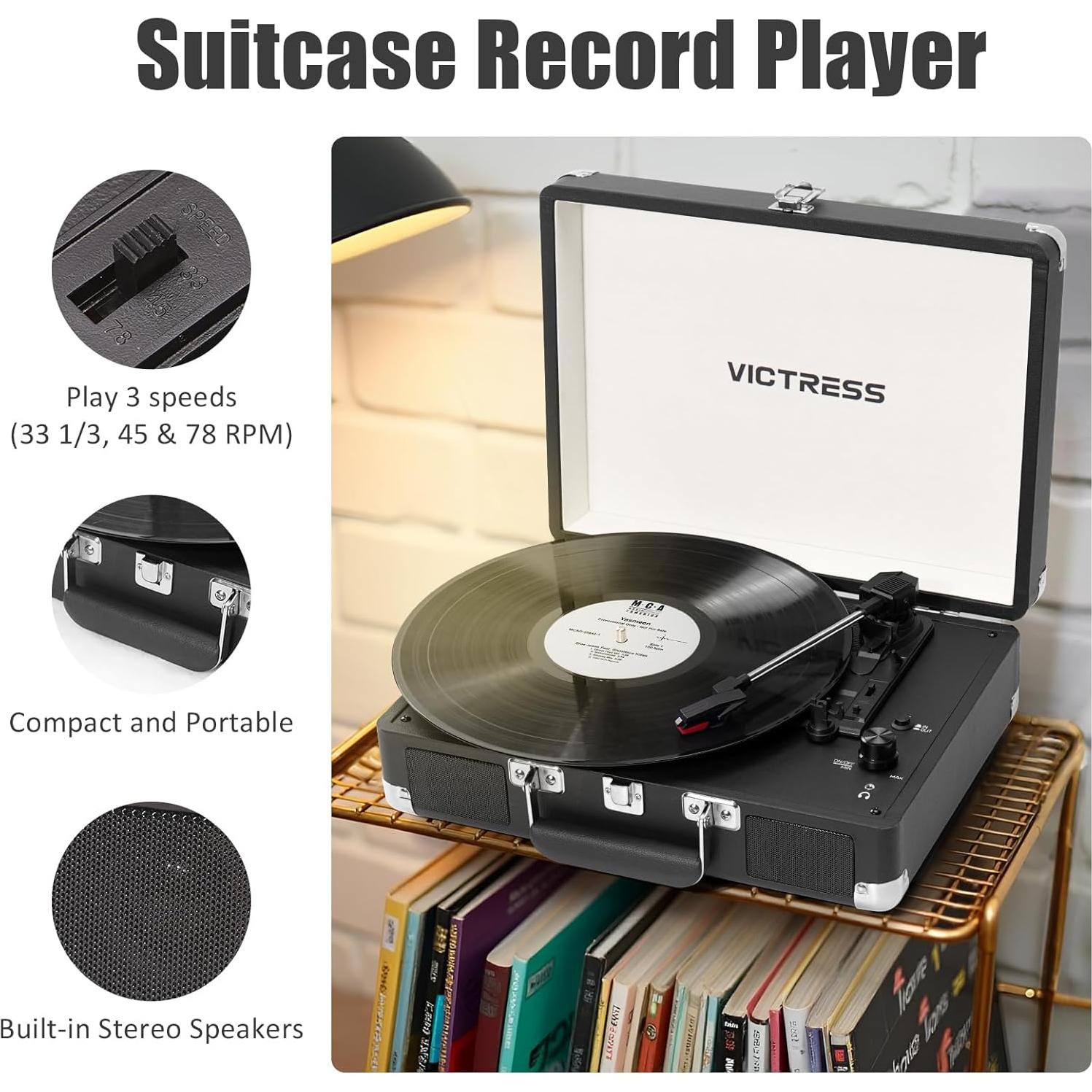 Reproductor de Vinilo VICTRESS TE-001F-BK Bluetooth 3 Velocidades