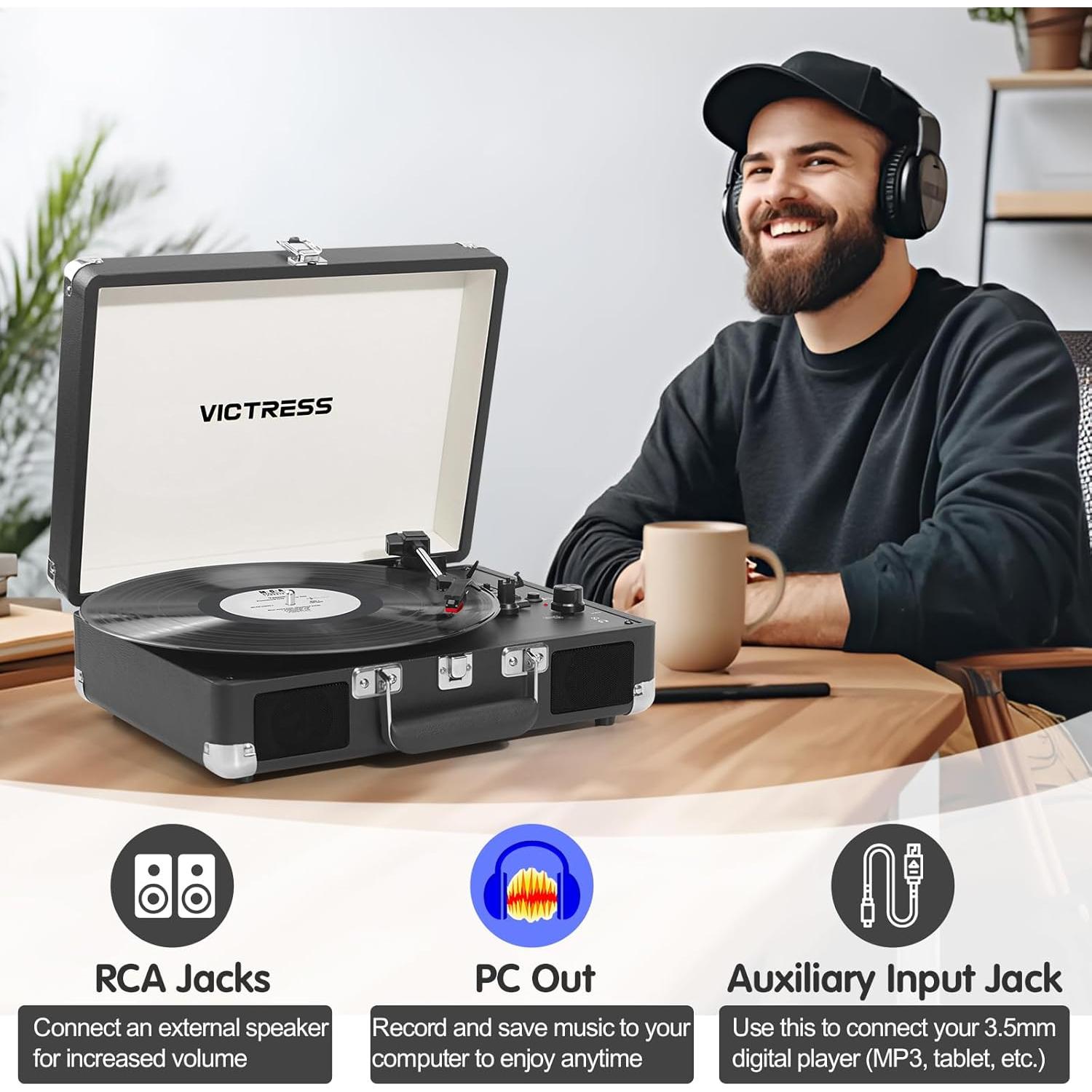 Reproductor de Vinilo VICTRESS TE-001F-BK Bluetooth 3 Velocidades