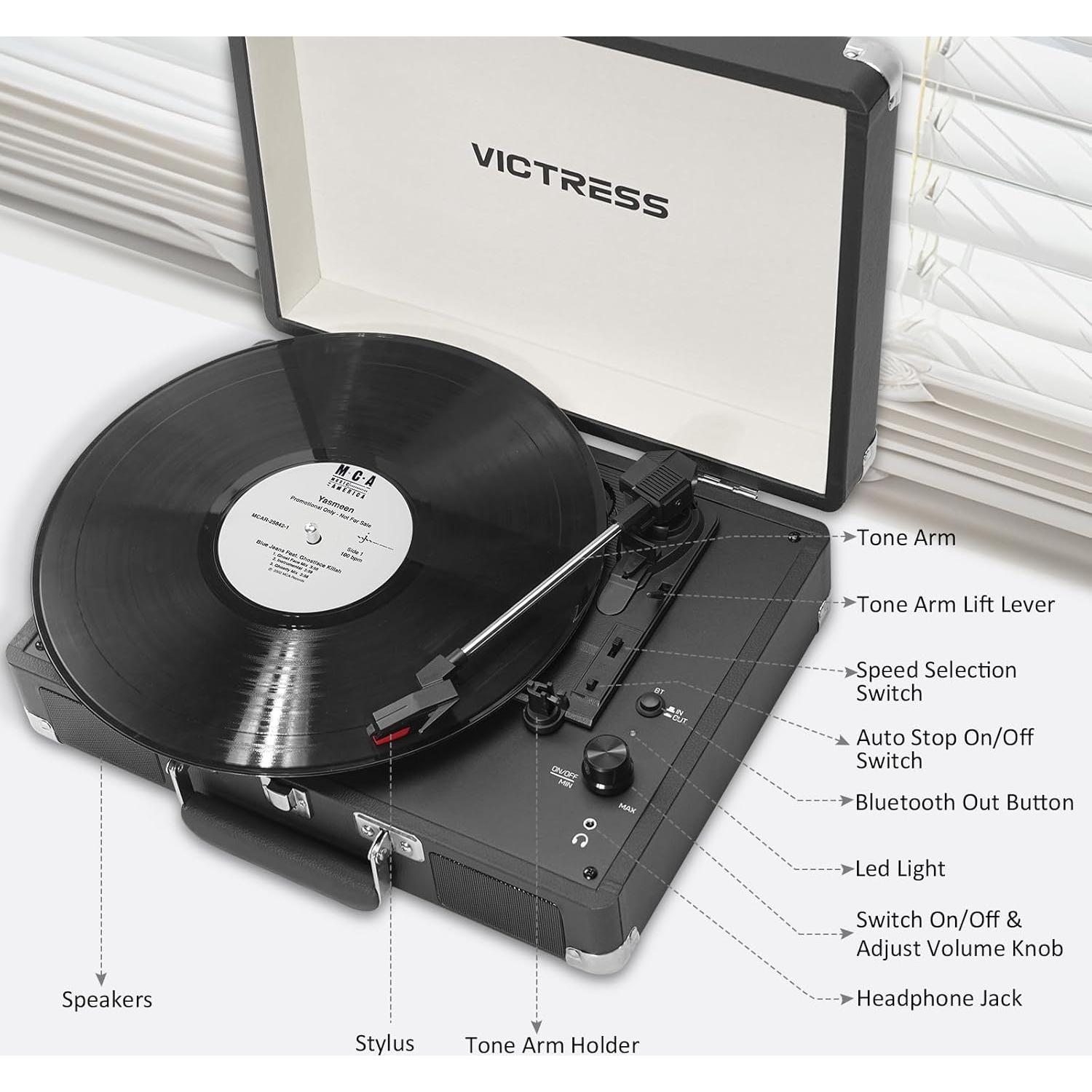 Reproductor de Vinilo VICTRESS TE-001F-BK Bluetooth 3 Velocidades