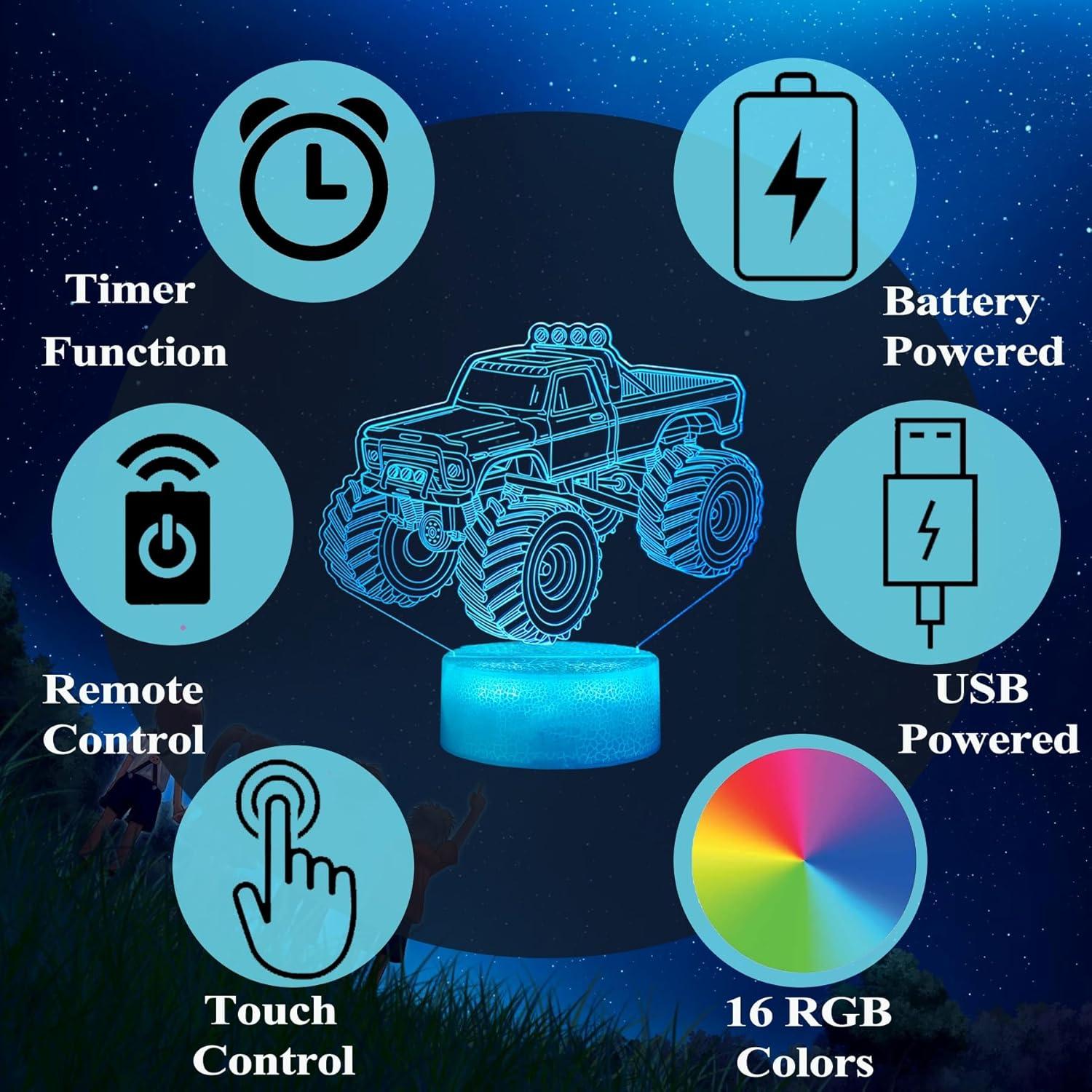 Luz Nocturna 3D Camión Monstruo con Control Remoto 16 Colores