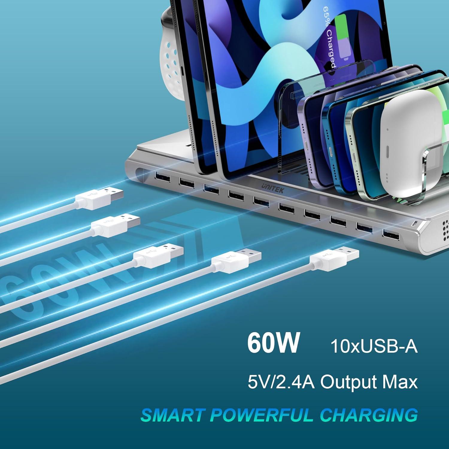 Estación de Carga USB 10 Puertos Unitek 60W Plata