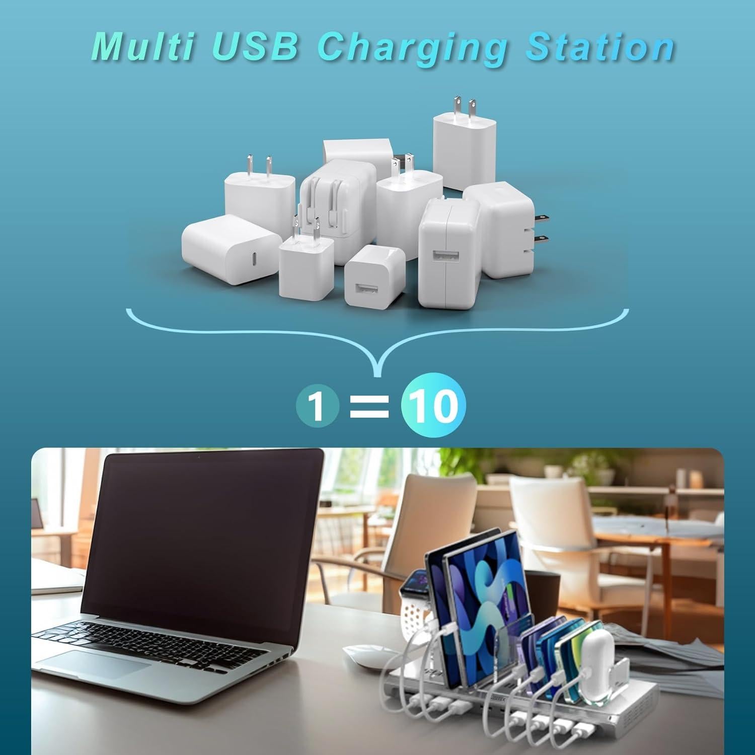 Estación de Carga USB 10 Puertos Unitek 60W Plata