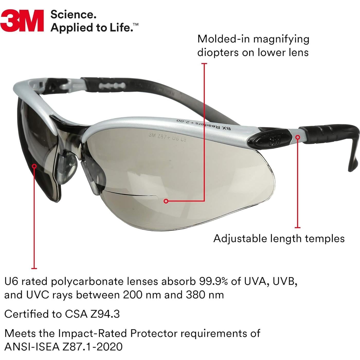 Gafas de Seguridad 3M BX Reader +2.0 Antivaho y Ajustables