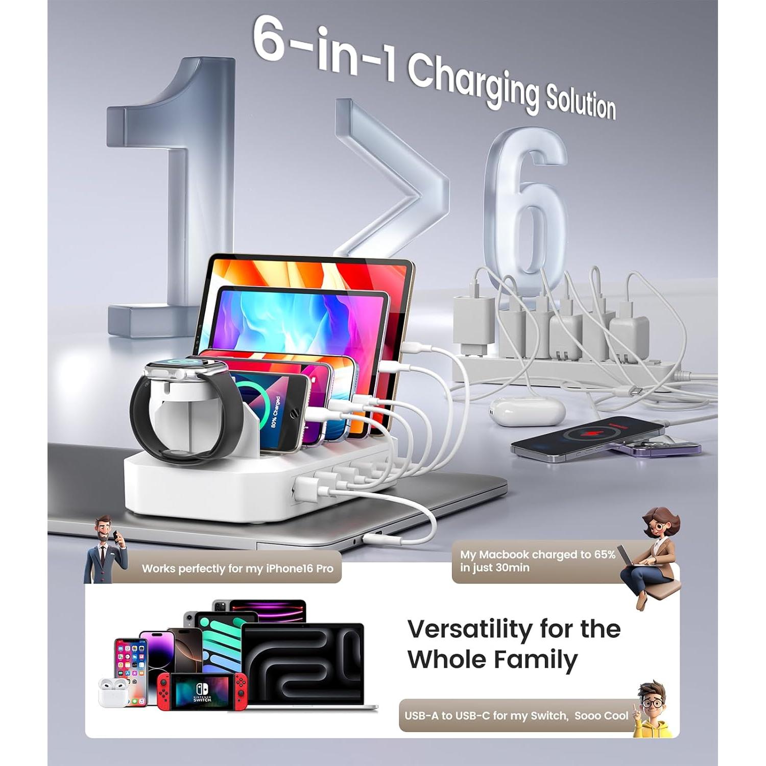 Estación de Carga Rápida 95W HSicily 6 Puertos y 8 Cables