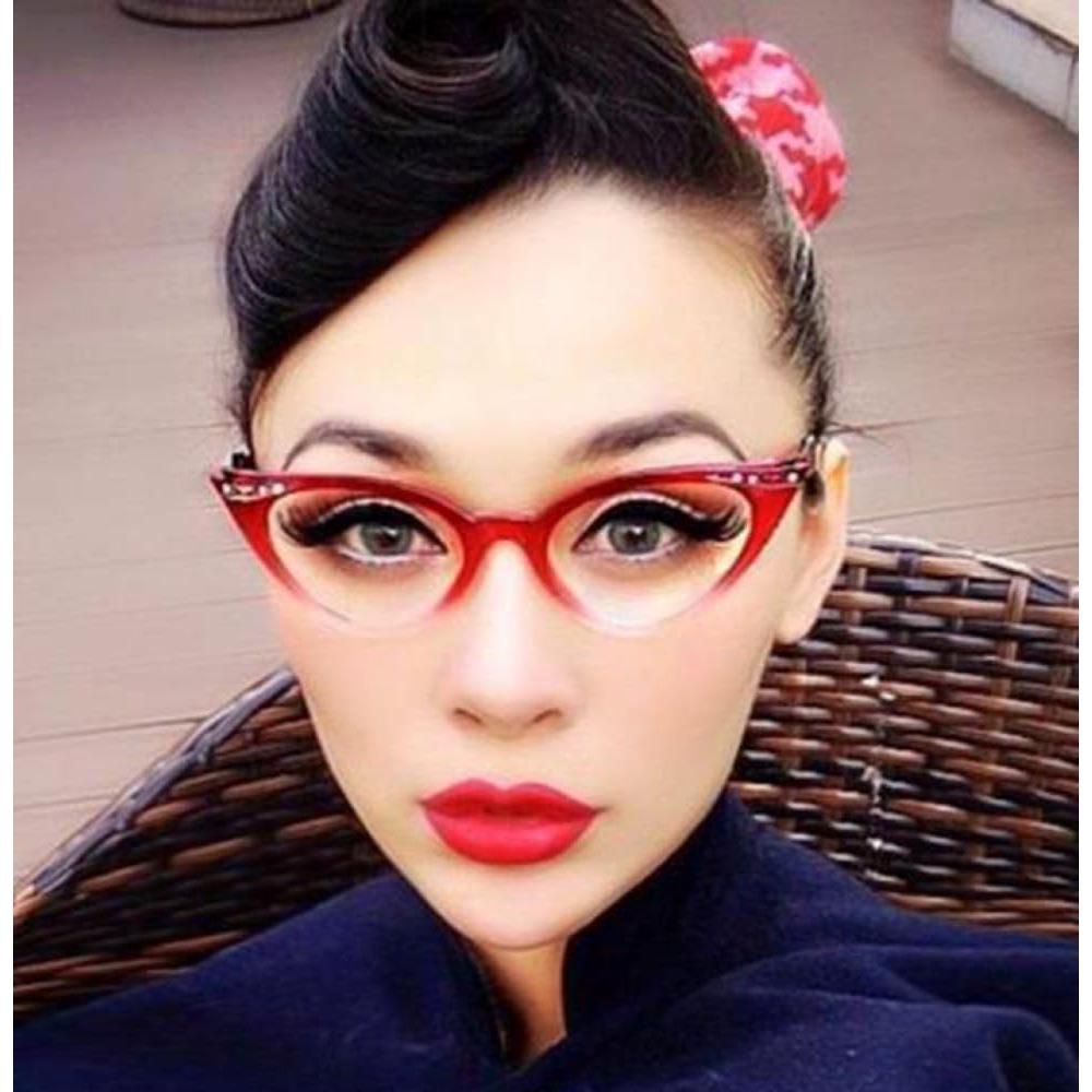 Gafas de ojo de gato rojas con strass para mujeres