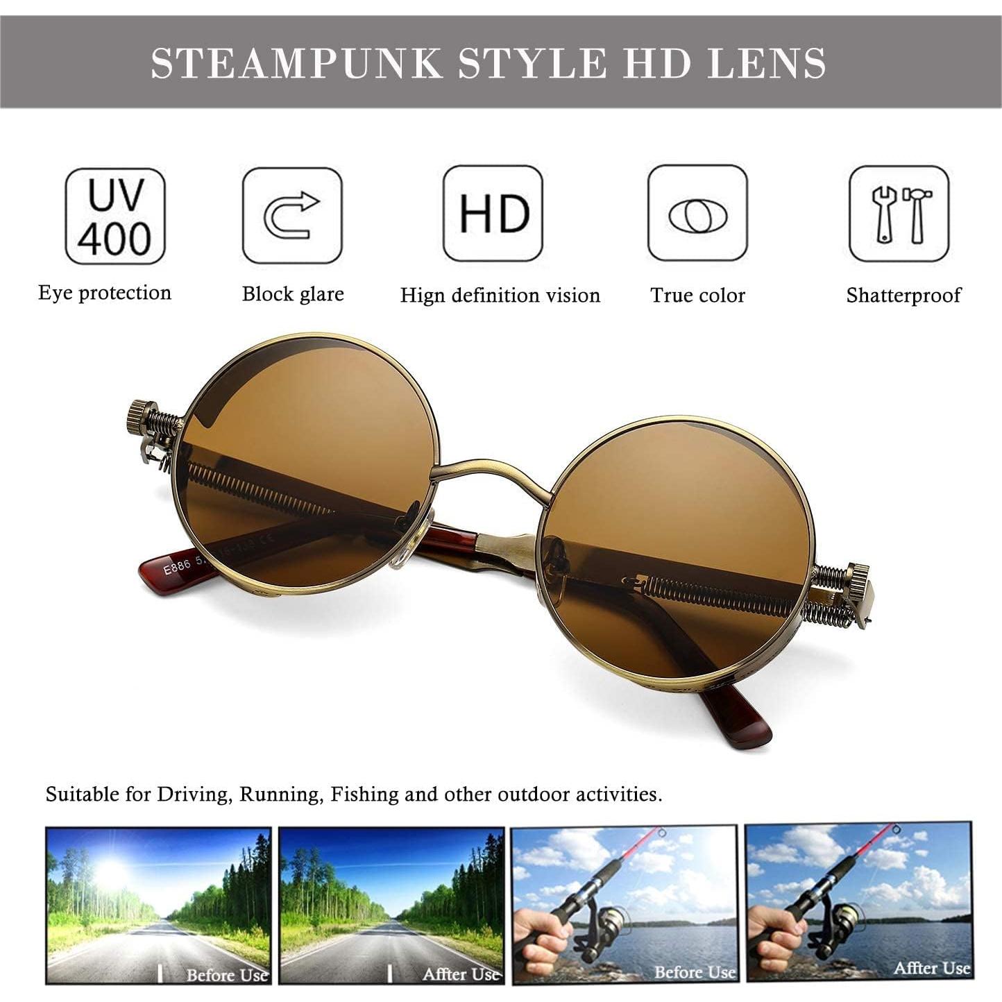 Gafas de sol redondas steampunk HJSUN10 con lentes HD