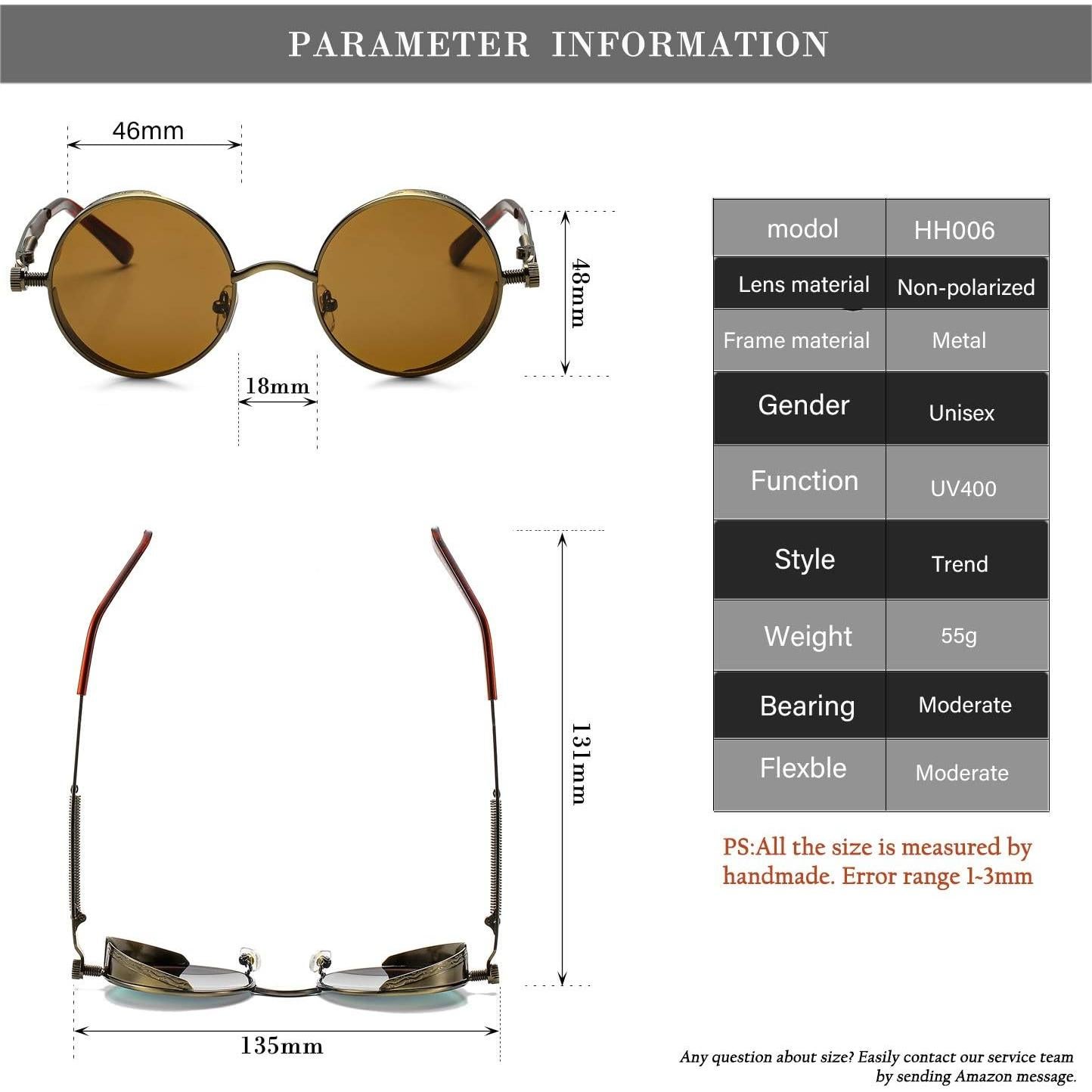 Gafas de sol redondas steampunk HJSUN10 con lentes HD