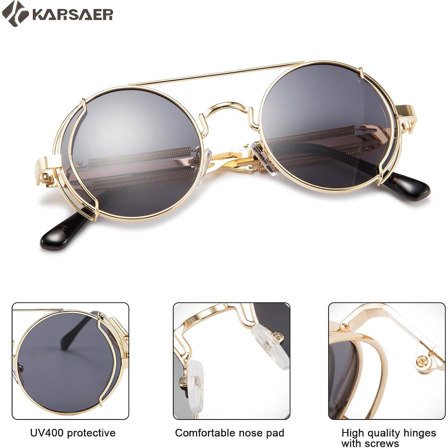 Gafas de sol Steampunk Karsaer Retro Redondas Metal Oro